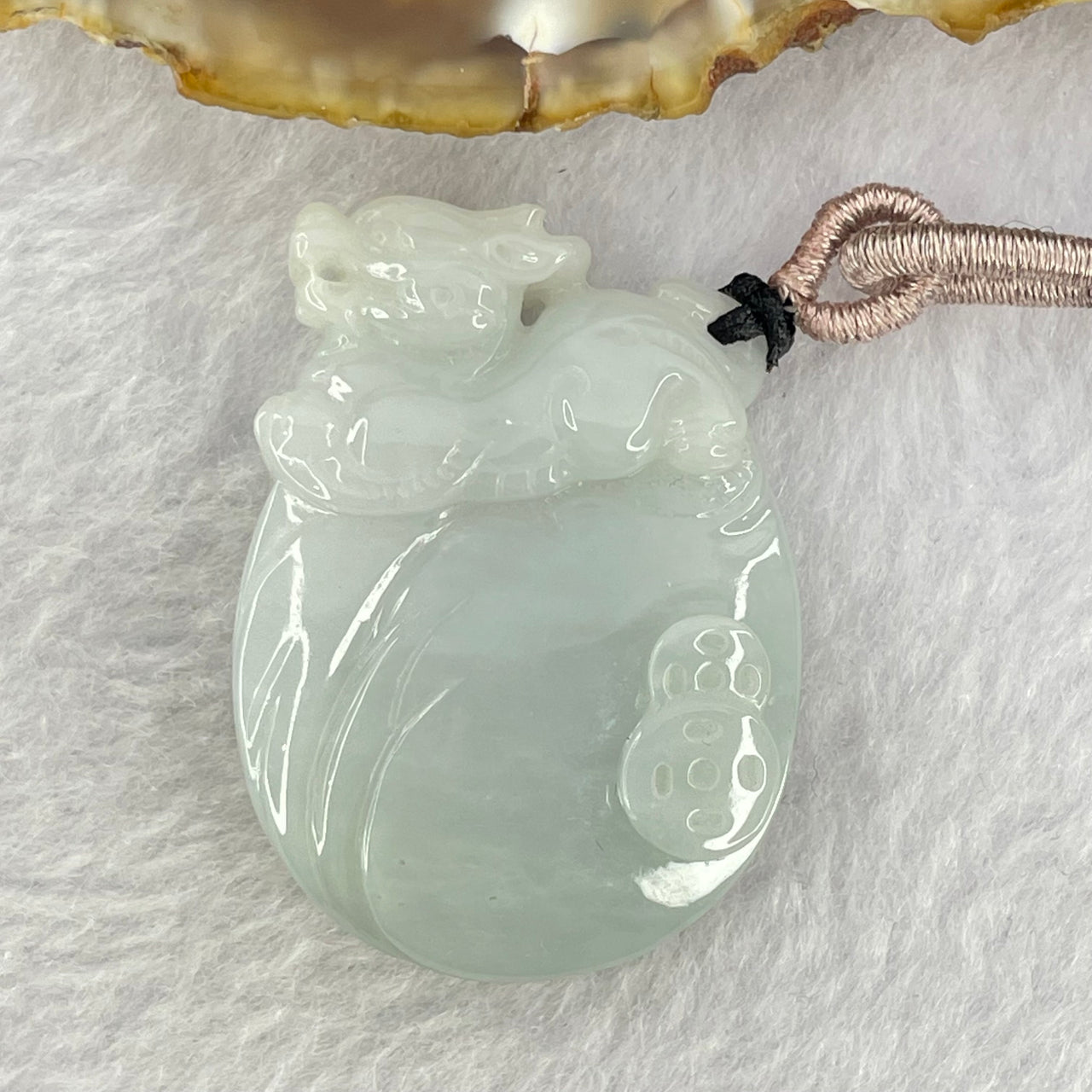 Type A Faint Lavender Green Jadeite Pixiu on Money Bag and Coins Pendent 22.16g 38.1 by 27.4 by 10.3mm - Huangs Jadeite and Jewelry Pte Ltd