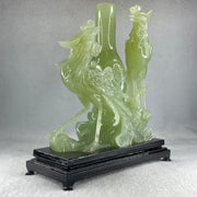 Natural Green Serpentine Double Phoenix on Tree and Vase with Wooden Stand Display 1,377.4g 180.0 by 210.0 by 86.0mm - Huangs Jadeite and Jewelry Pte Ltd