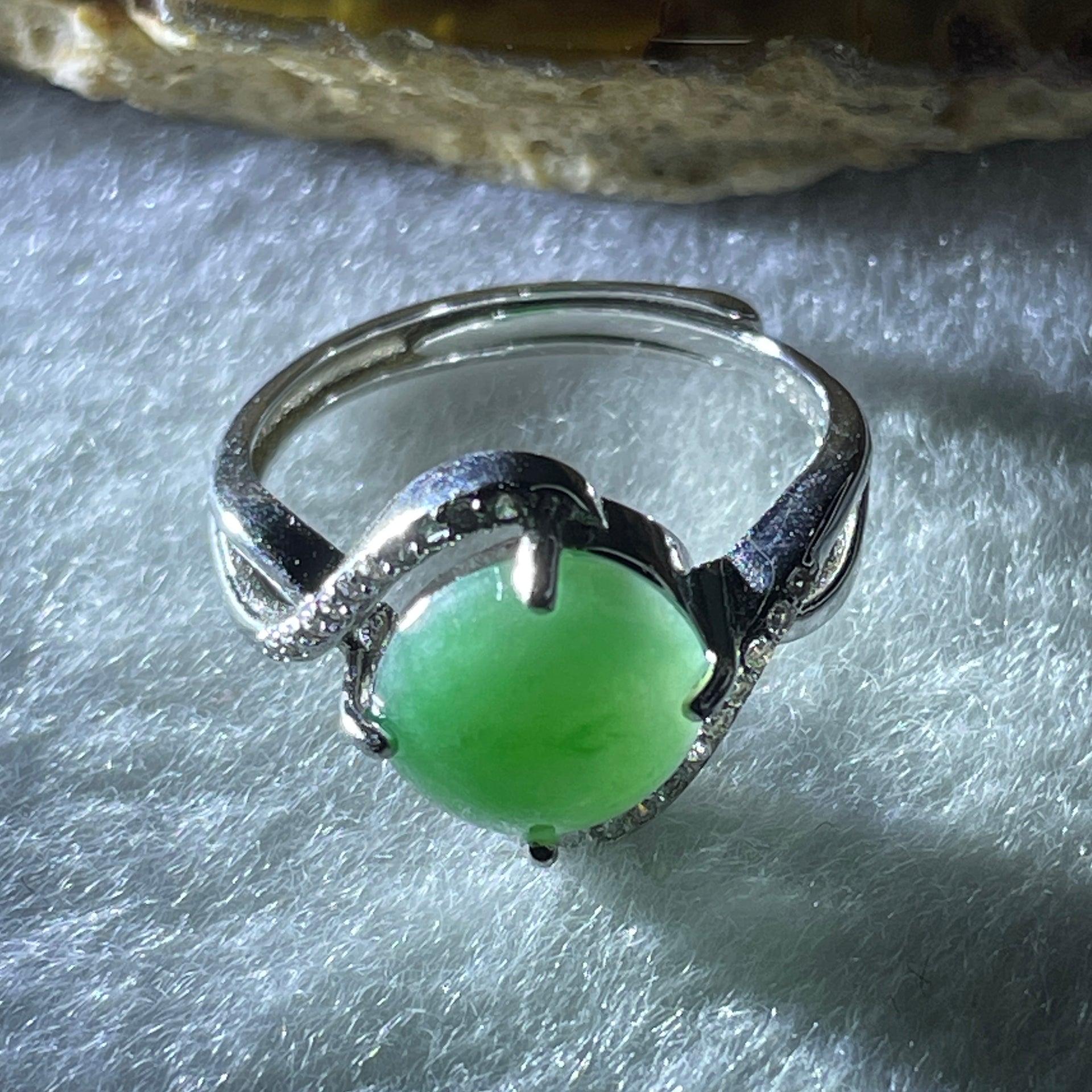 Type A Green Jadeite Ring in S925 Sliver with Cubic Zirconia 2.67g 9.5 by 8.7 by 4.0mm (Adjustable Size) - Huangs Jadeite and Jewelry Pte Ltd