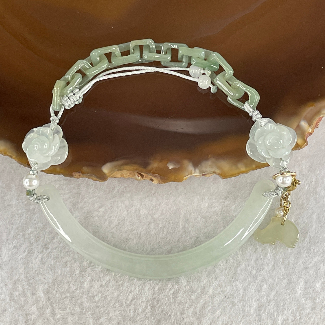 Natural Type A Semi Icy Light Green with Green Jadeite Flower Bracelet 9.95g 16cm 4.4 by 5.8mm - Flower 11.5 by 10.9 by 5.0mm - Huangs Jadeite and Jewelry Pte Ltd