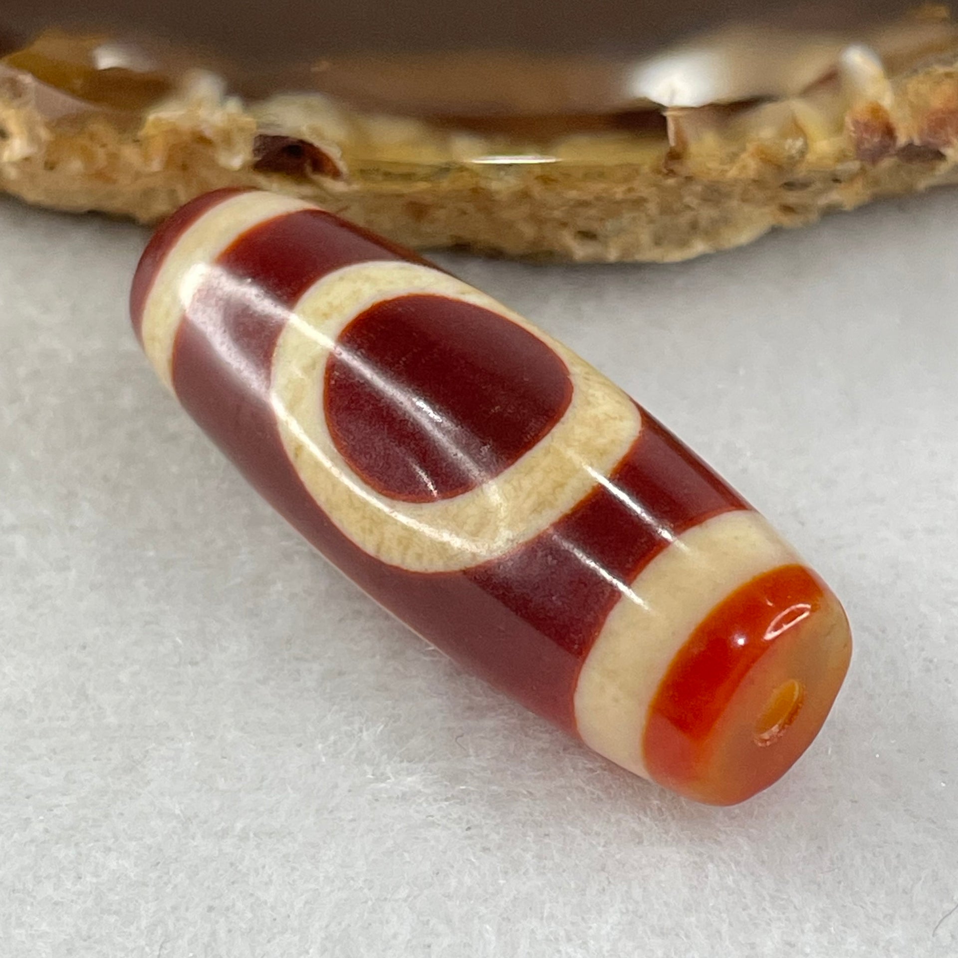 Natural Powerful Tibetan Old Oily Red White Agate One Eye Fire Sign Dzi Bead Heavenly Master (Tian Zhu) 一眼火天珠 10.71g 37.6 by 13.4mm - Huangs Jadeite and Jewelry Pte Ltd