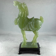 Natural Green Serpentine Horse with Wooden Stand Display 1640.4g 155.1 by 94.8 by 260.0mm - Huangs Jadeite and Jewelry Pte Ltd