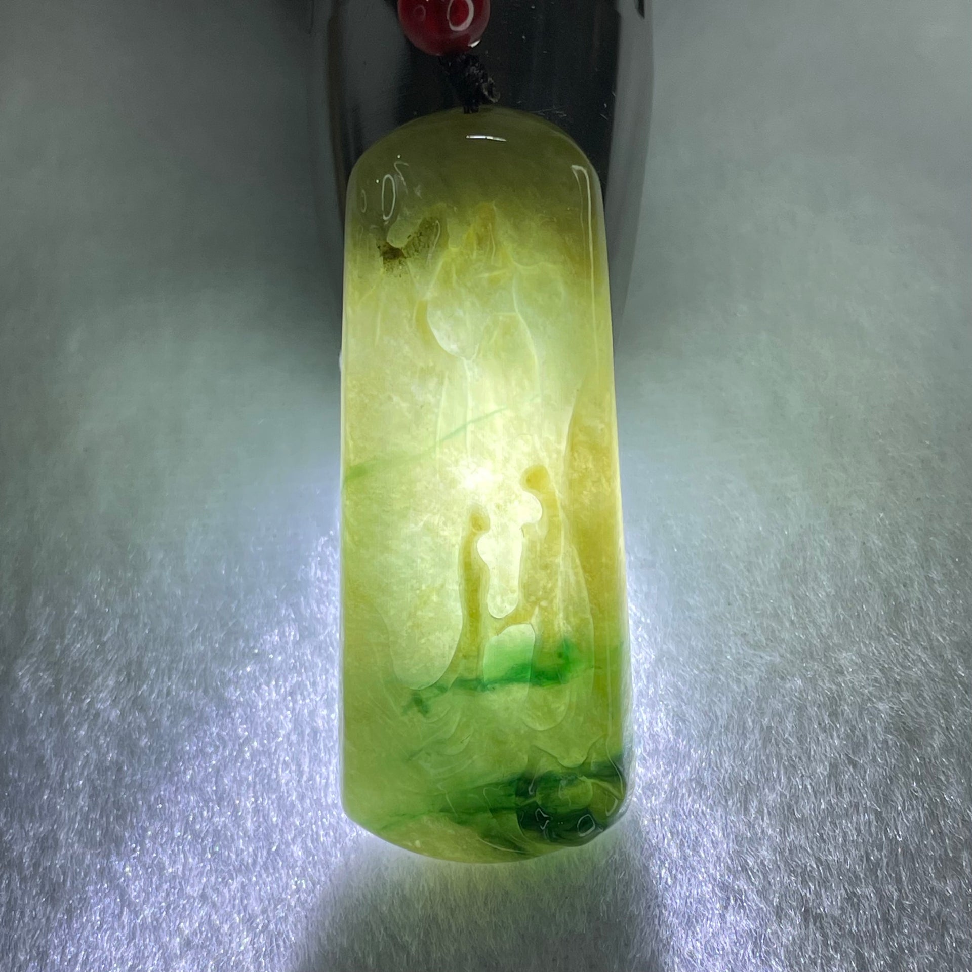 Type A Green with Yellow and Blueish Green Patches Jadeite Shan Shui with Guiren Benefactor seeking Enlightenment Pendant 18.17g 51.1 by 20.5 by 6.7mm - Huangs Jadeite and Jewelry Pte Ltd