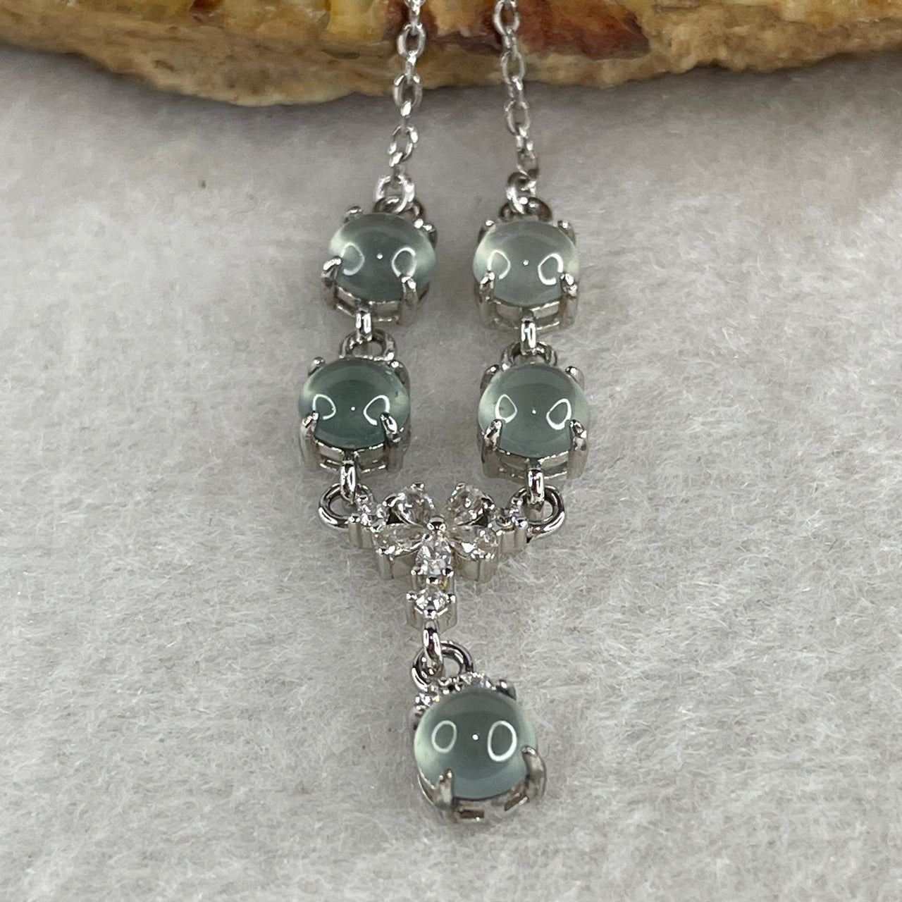 Certified Natural Type A Icy Blueish Green Jadeite Cabochon Bar Necklace | S925 Sterling Silver Setting | Authentic Myanmar Feicui Elegance (5 Pcs 5.0x2.0mm | 36-44cm | 3.93g)