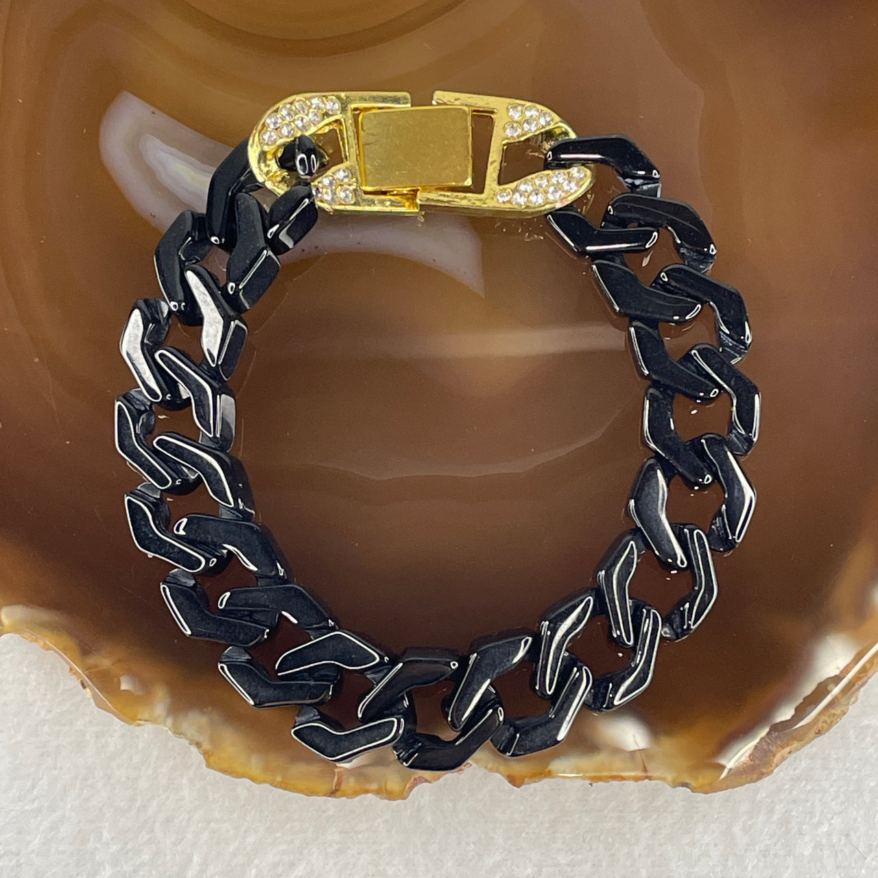 Certified Natural Type A Black Omphacite Jadeite Cuban Tennis Bracelet with Gold Color and Cubic Zirconia Clap 29.63g Up to 19cm 14.0 by 5.0mm 17 Pcs