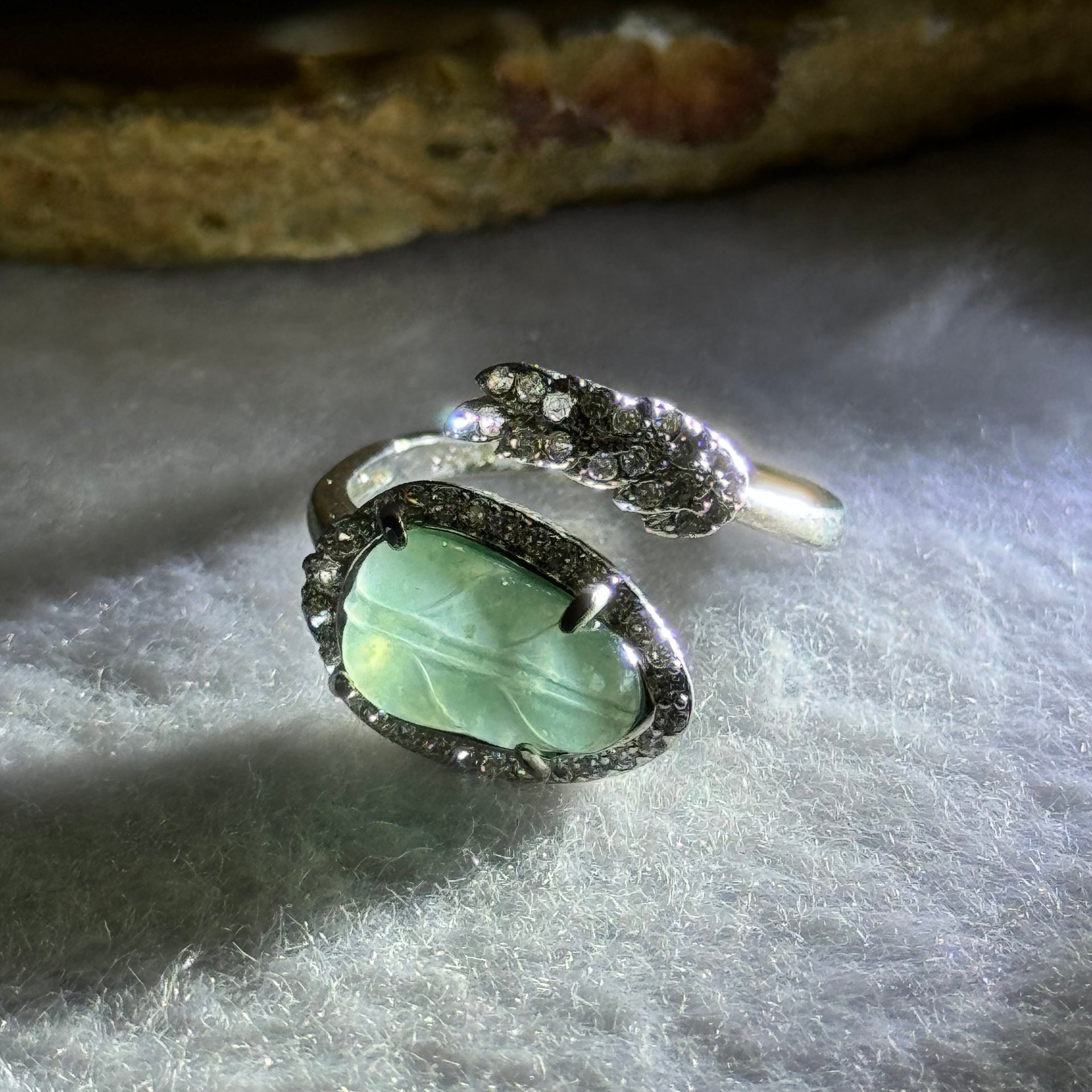 Type A Icy Blueish Jadeite Leaf with Crystals in S925 Sliver Ring (Adjustable Size) 2.60g 12.3 by 7.4 by 2.0mm - Huangs Jadeite and Jewelry Pte Ltd
