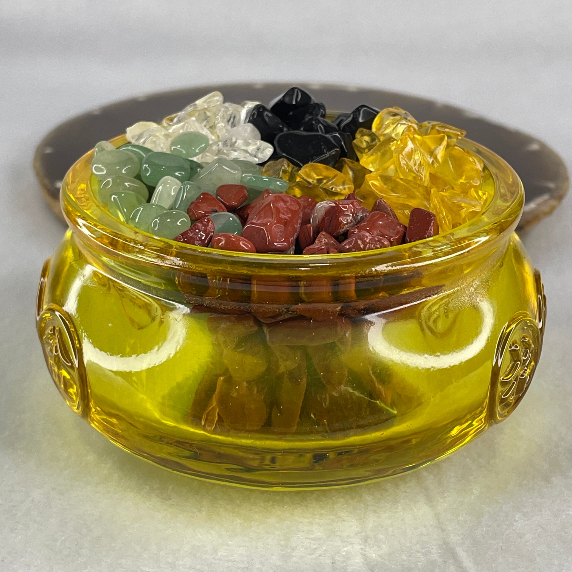 Yellow Liuli Wealth Pot with Five Element Crystal Fragment (Clear Quartz, Black Obsidian, Red Jasper, Citrine, Serpentine) Display Total Weight 702.75g 99.1 by 50.8mm - Huangs Jadeite and Jewelry Pte Ltd