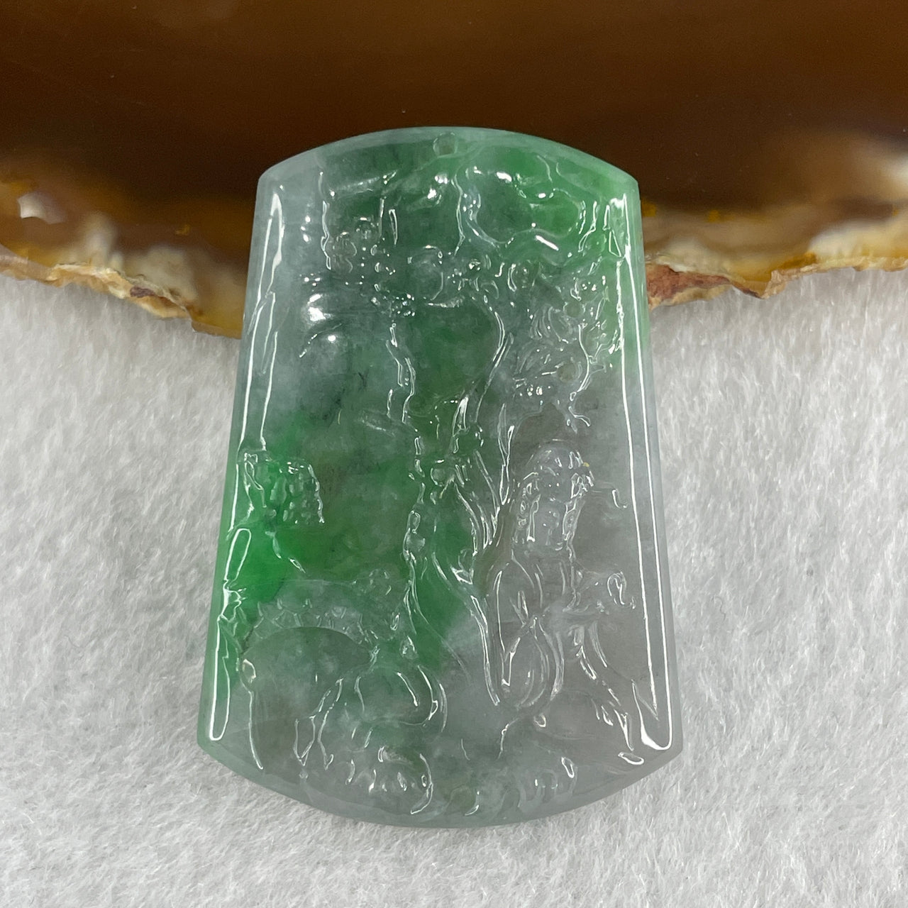 Natural Type A Wuji Grey with High End Green Patches Jadeite Shan Shui Scenic Guan Yin Pendant 13.92g 43.1 by 30.1 by 5.1mm
