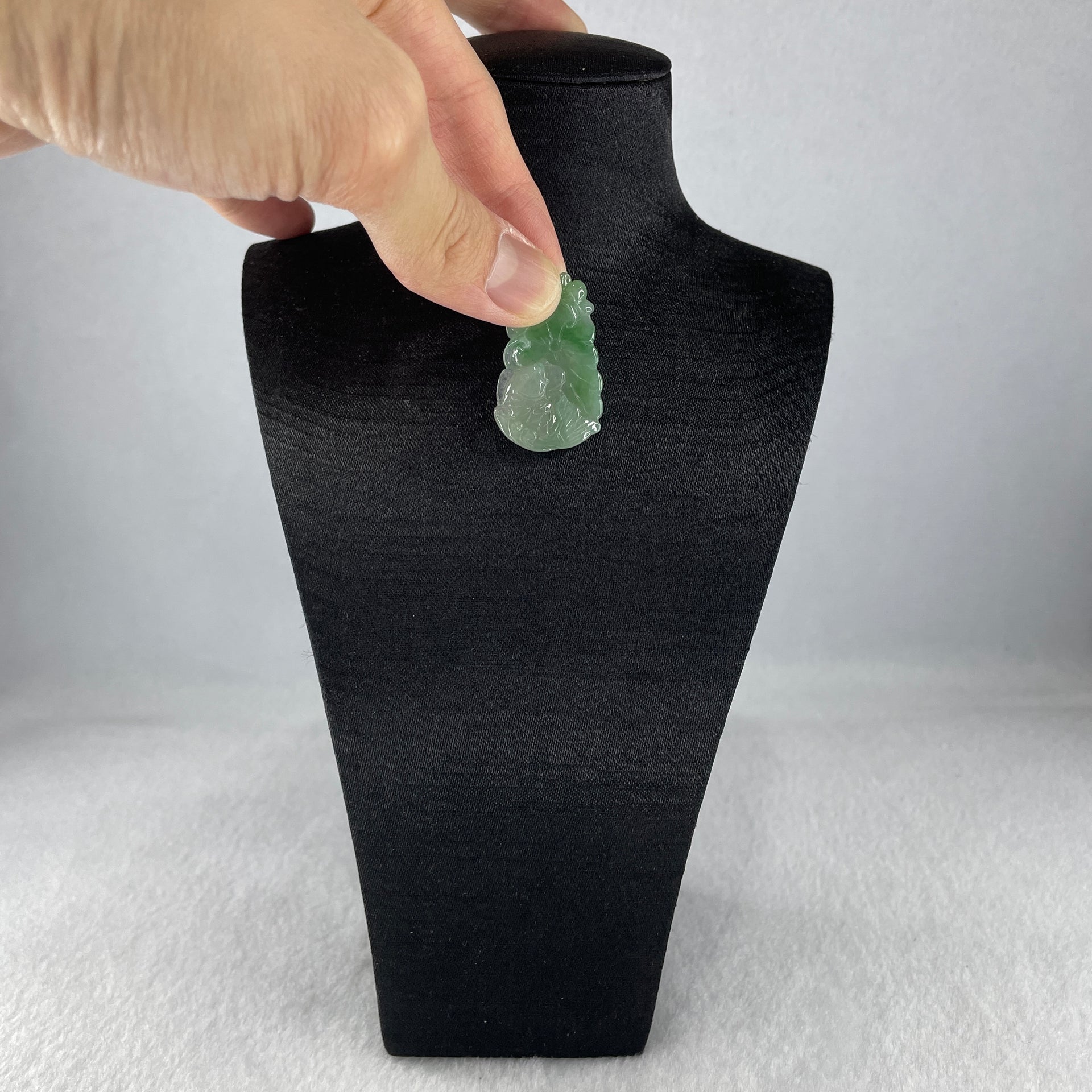 Natural Type A Jelly Green with Faint Green and Emerald Green Jadeite Carp Fish on Lotus Leaf Pendant 6.34g 34.1 by 20.3 by 6.3mm - Huangs Jadeite and Jewelry Pte Ltd