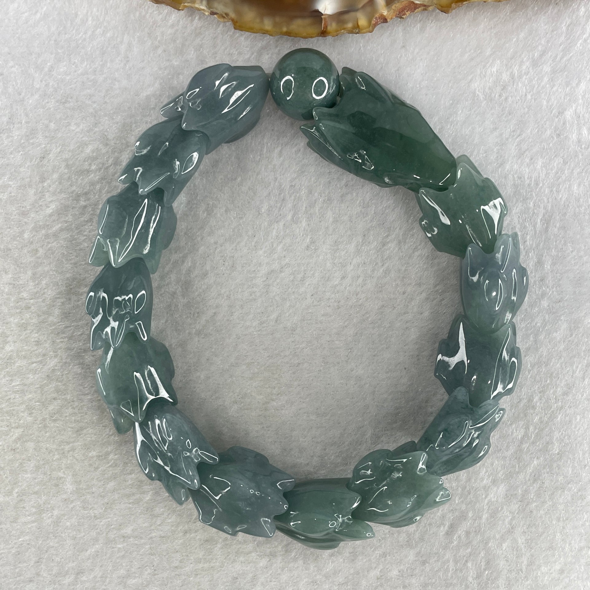 Certified Natural Type A Blueish Green Jadeite Dragon Bracelet 55.07g 16.5cm 16.0mm Dragon Head - 14.0mm 13 Pcs - Huangs Jadeite and Jewelry Pte Ltd