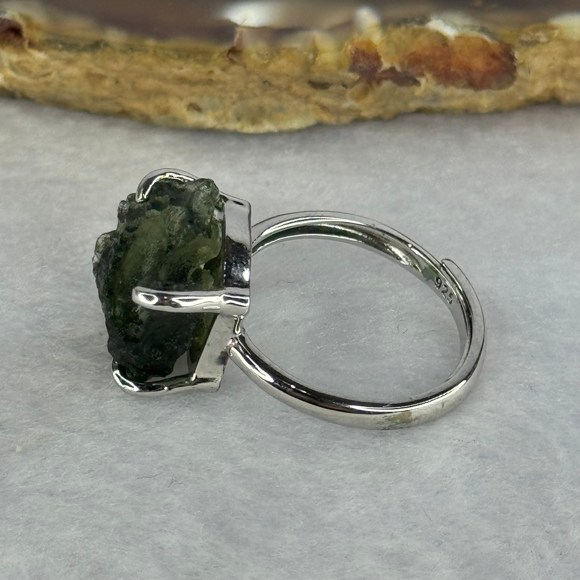Natural Czech Republic Moldavite Meteorite Crystal in S925 Sliver Ring (Adjustable Size) 天然捷克陨石925银戒指 4.01g 15.1 by 10.4 by 8.2mm - Huangs Jadeite and Jewelry Pte Ltd