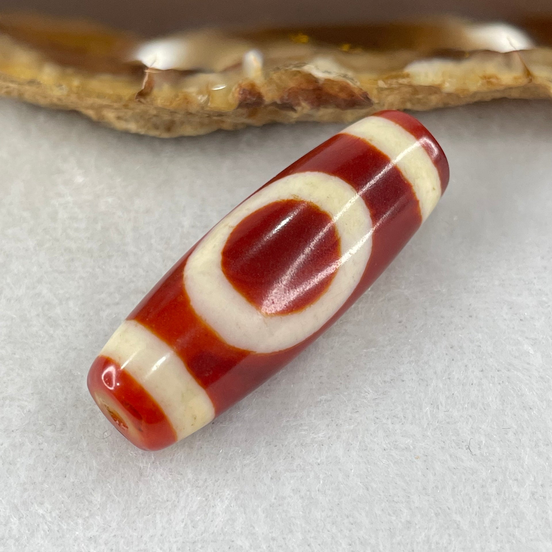 Natural Powerful Tibetan Old Oily Red White Agate One Eye Fire Sign Dzi Bead Heavenly Master (Tian Zhu) 一眼火天珠 10.31g 37.7 by 13.3mm - Huangs Jadeite and Jewelry Pte Ltd
