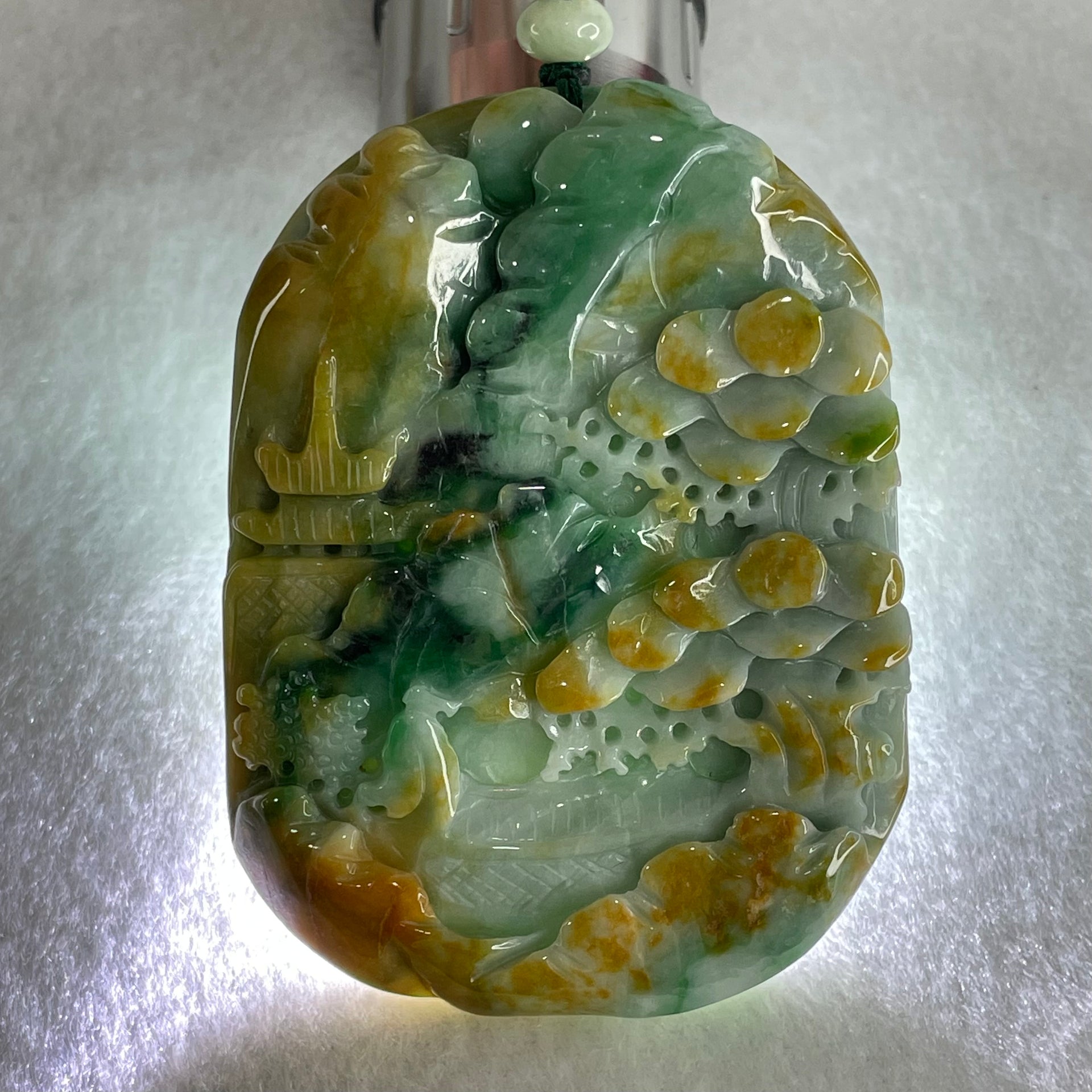Type A Brown Blueish Green with Yellow Jadeite Shan Shui with Guiren Benefactor Pendant 93.95g 66.8 by 49.0 by 13.8mm - Huangs Jadeite and Jewelry Pte Ltd