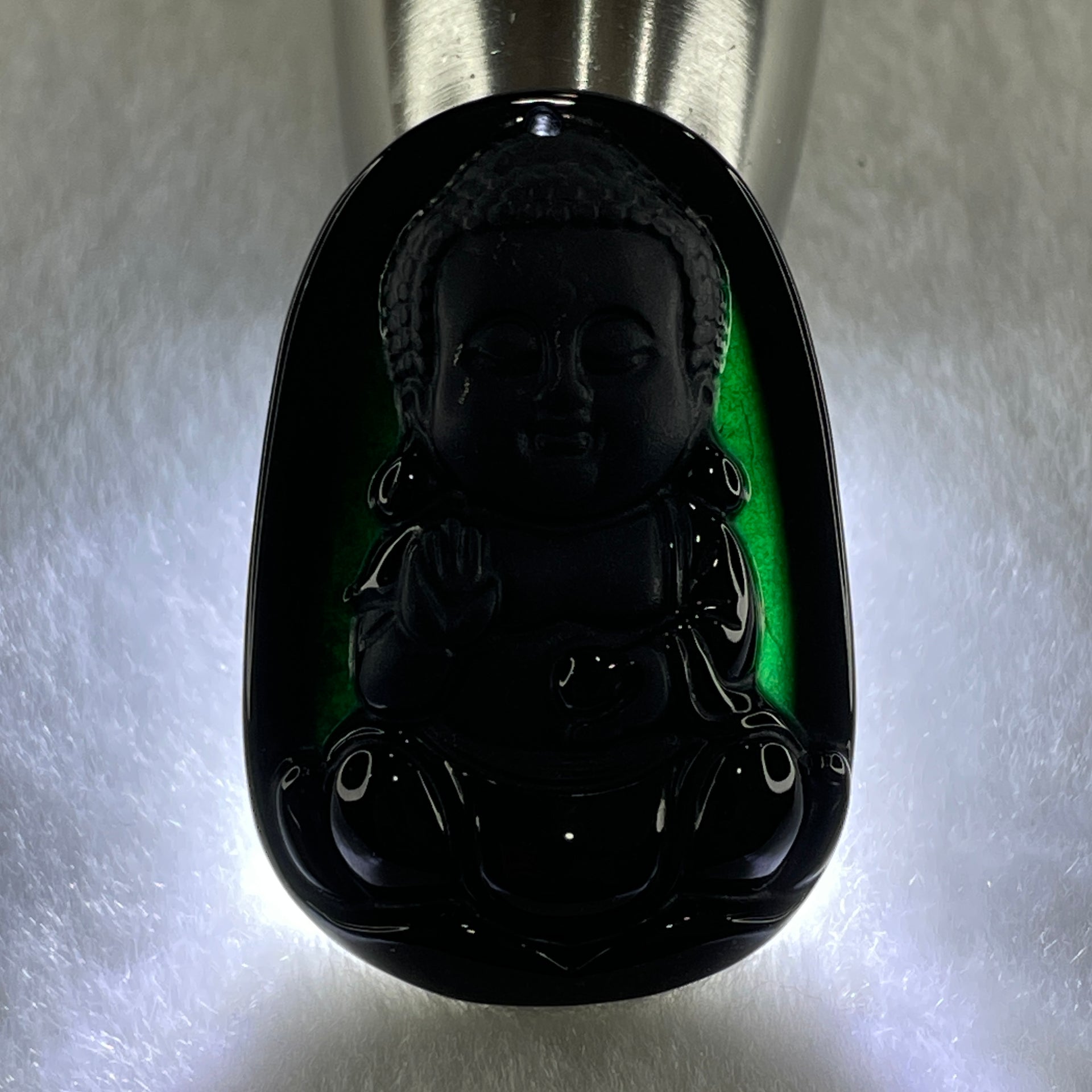 Type A Opaque to Partial Translucent Black Omphacite Jadeite Baby Buddha Pendant 13.75g 42.0 by 28.2 by 8.6mm - Huangs Jadeite and Jewelry Pte Ltd
