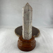 Natural Ligh Brown with Dark Brown Patches Dendritic Jasper Tower with Wooden Stand 403.60g 84.0 by 75.9 by 175.0mm - Huangs Jadeite and Jewelry Pte Ltd