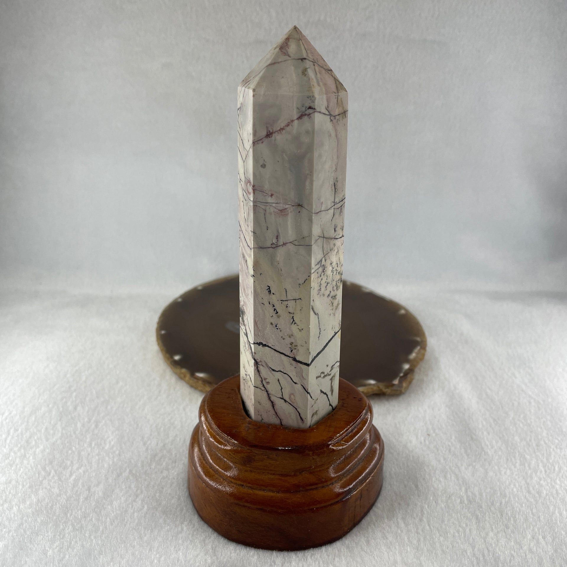 Natural Ligh Brown with Dark Brown Patches Dendritic Jasper Tower with Wooden Stand 403.60g 84.0 by 75.9 by 175.0mm - Huangs Jadeite and Jewelry Pte Ltd