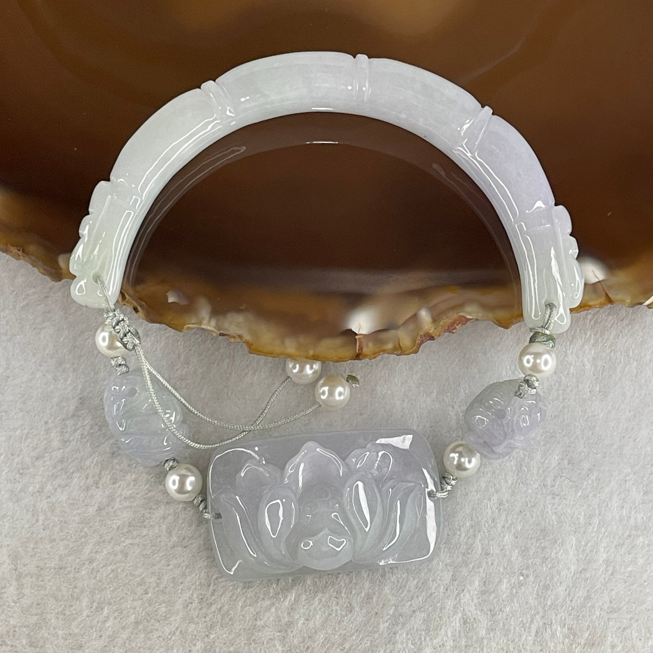 Natural Type A Lavender with Faint Green Jadeite Bamboo with Lotus Flower and Dragon Bracelet 34.11g 17cm 7.9 by 8.6mm - Bamboo 33.2 by 19.1 by 11.8mm - Huangs Jadeite and Jewelry Pte Ltd