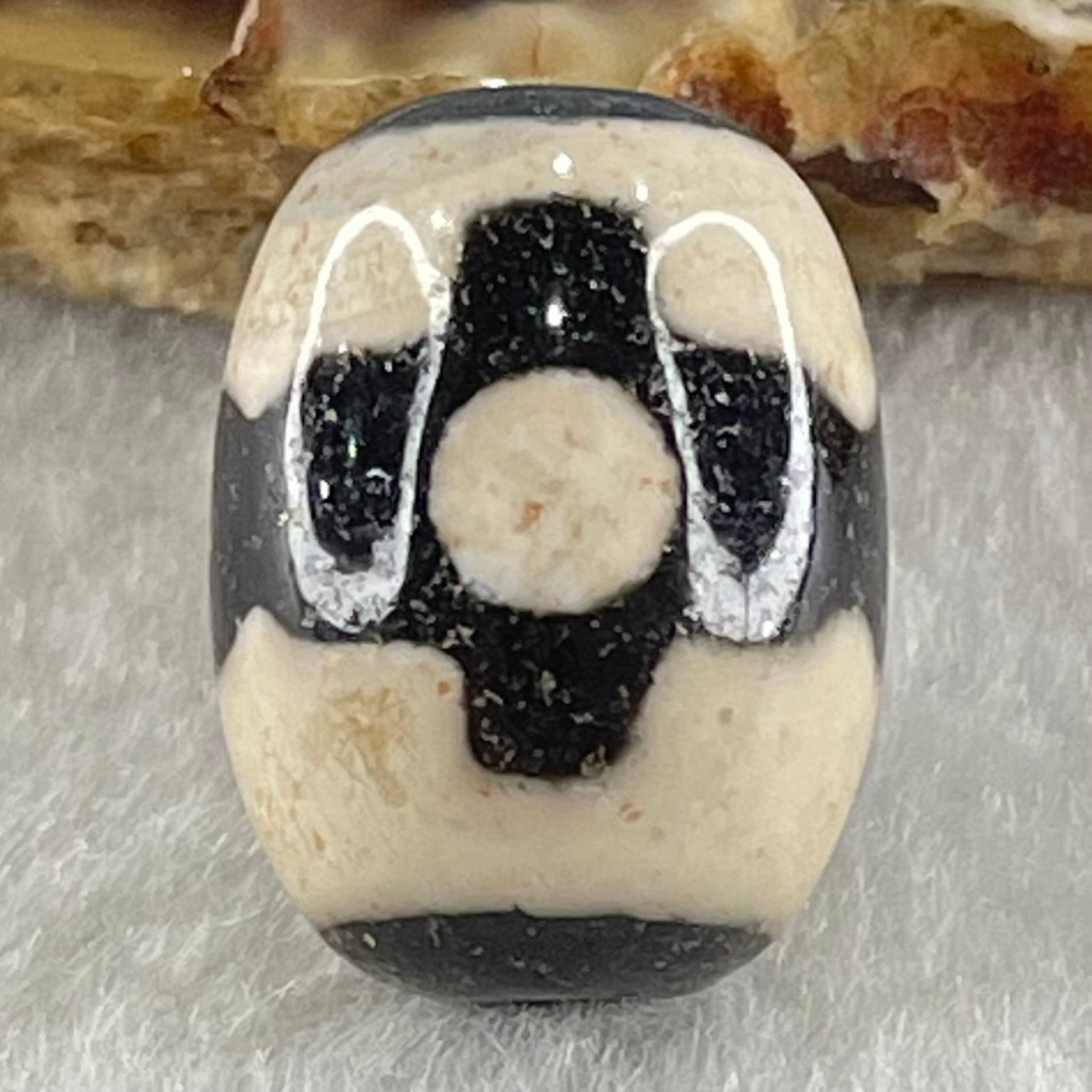 Natural Powerful Tibetan Old Oily Dark Brown With White Agate 3 Eyes Dzi Bead Heavenly Master (Tian Zhu) 三眼天诛 4.52g 17.5 by 13.1mm - Huangs Jadeite and Jewelry Pte Ltd