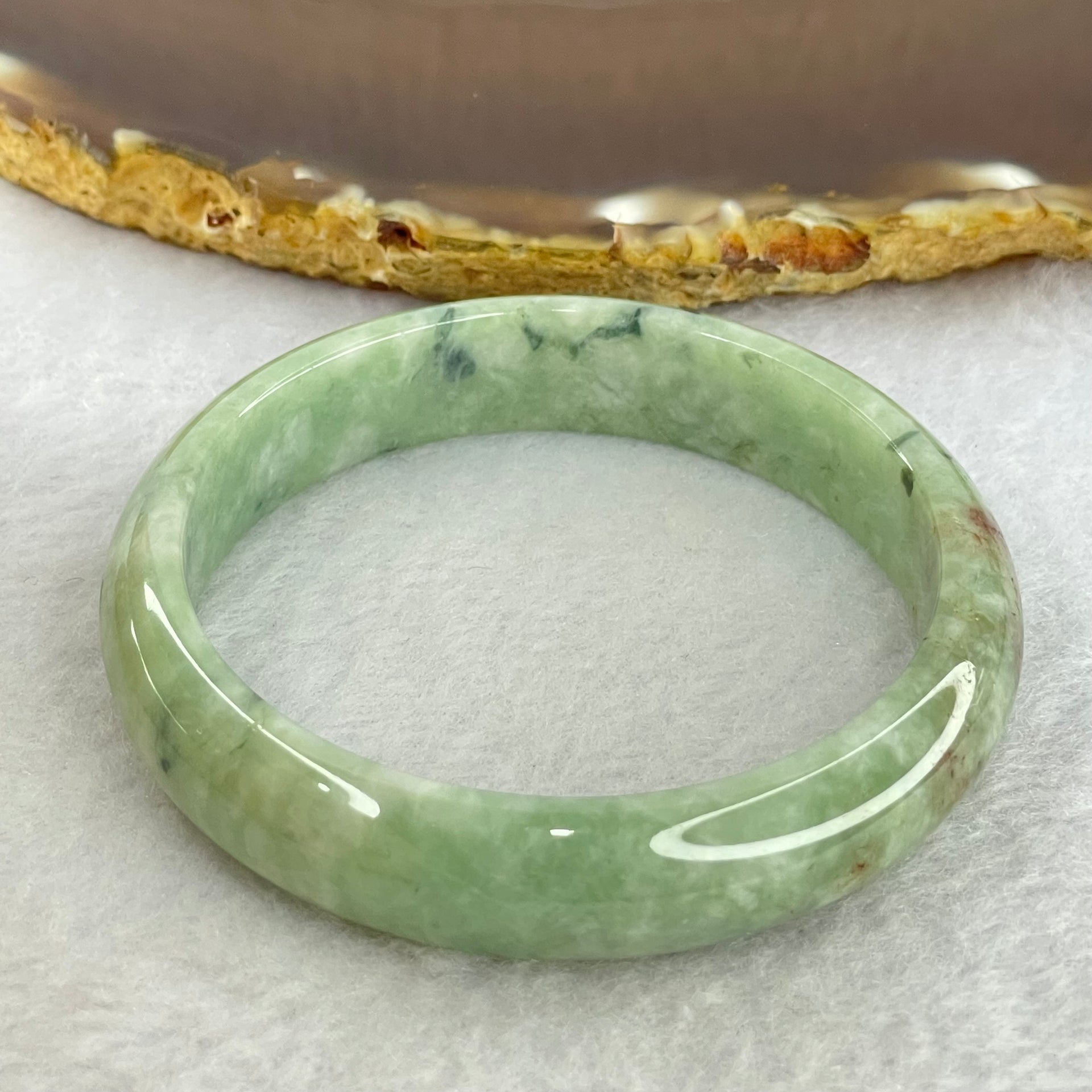 Type A Green and Dark Green Brown Piao Hua Jadeite Bangle Internal Diameter 53.7mm 39.34g 12.5 by 6.4mm (Slight External Rough + Slight Internal Lines) - Huangs Jadeite and Jewelry Pte Ltd