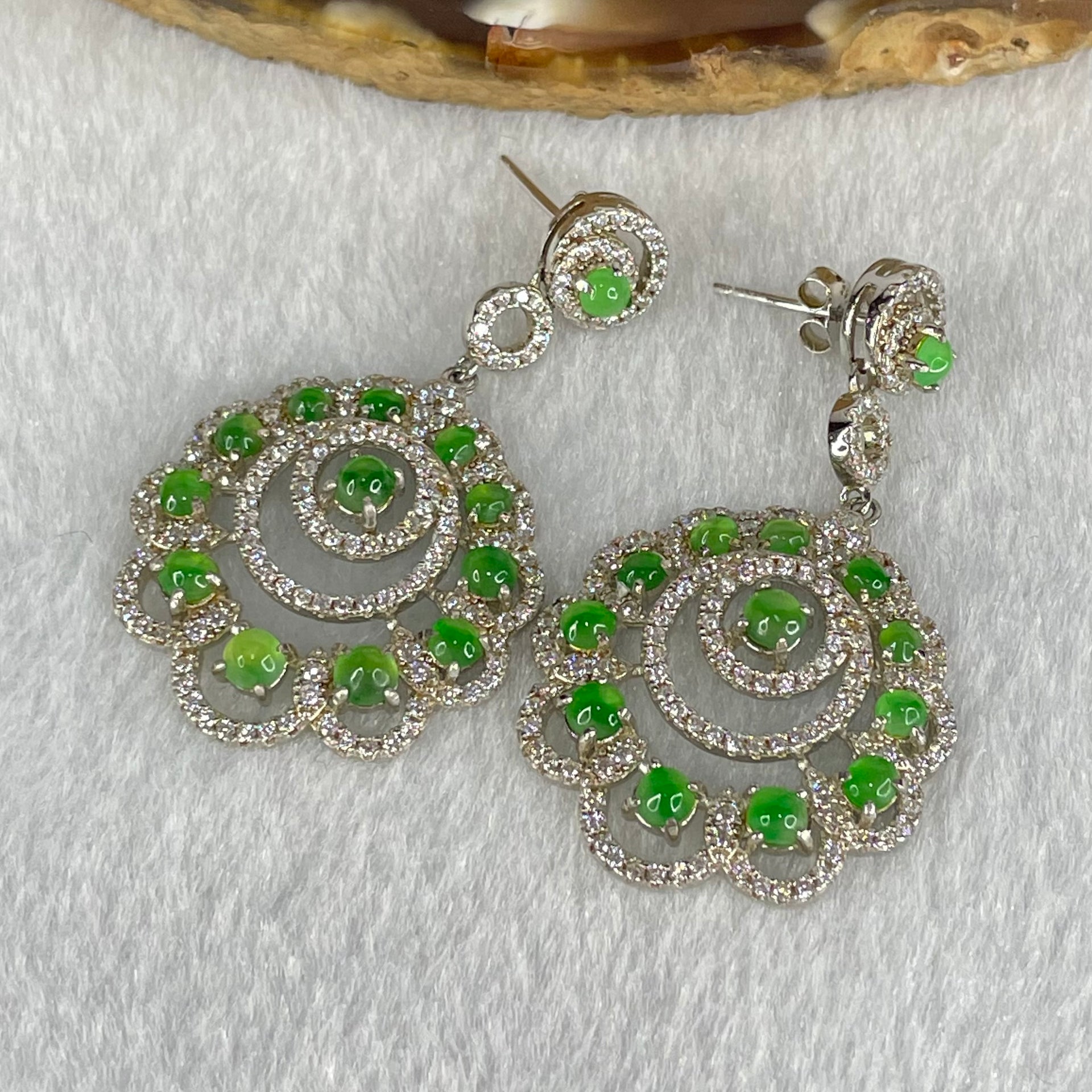 Type A Icy Green Jadeite Cabochon With Crystals in S925 Sliver Earrings 8.92g 3.5 by 1.5mm - Huangs Jadeite and Jewelry Pte Ltd