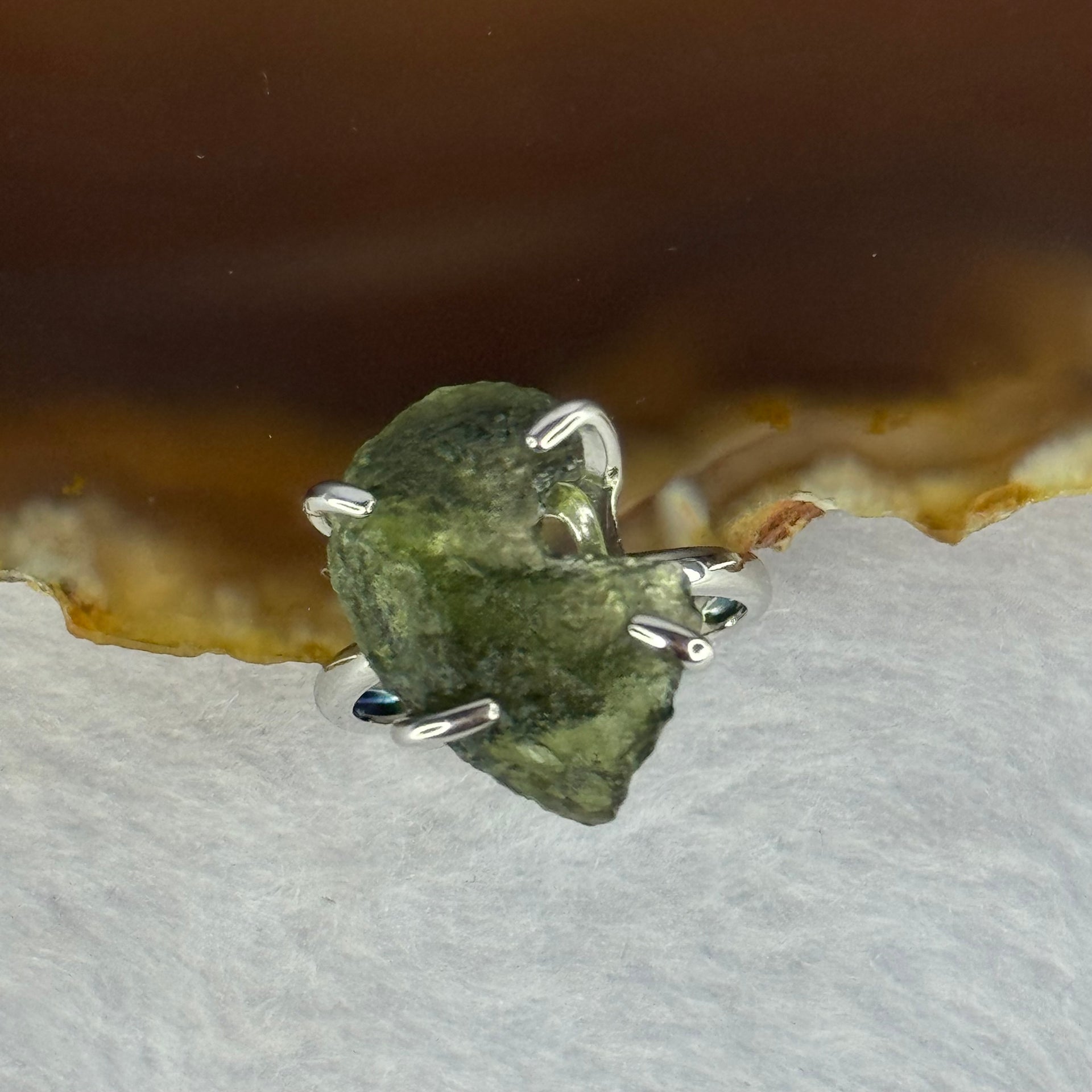 Natural Czech Republic Moldavite Meteorite Crystal in S925 Sliver Ring (Adjustable Size) 天然捷克陨石925银戒指 3.81g 18.3 by 12.9 by 4.5mm - Huangs Jadeite and Jewelry Pte Ltd