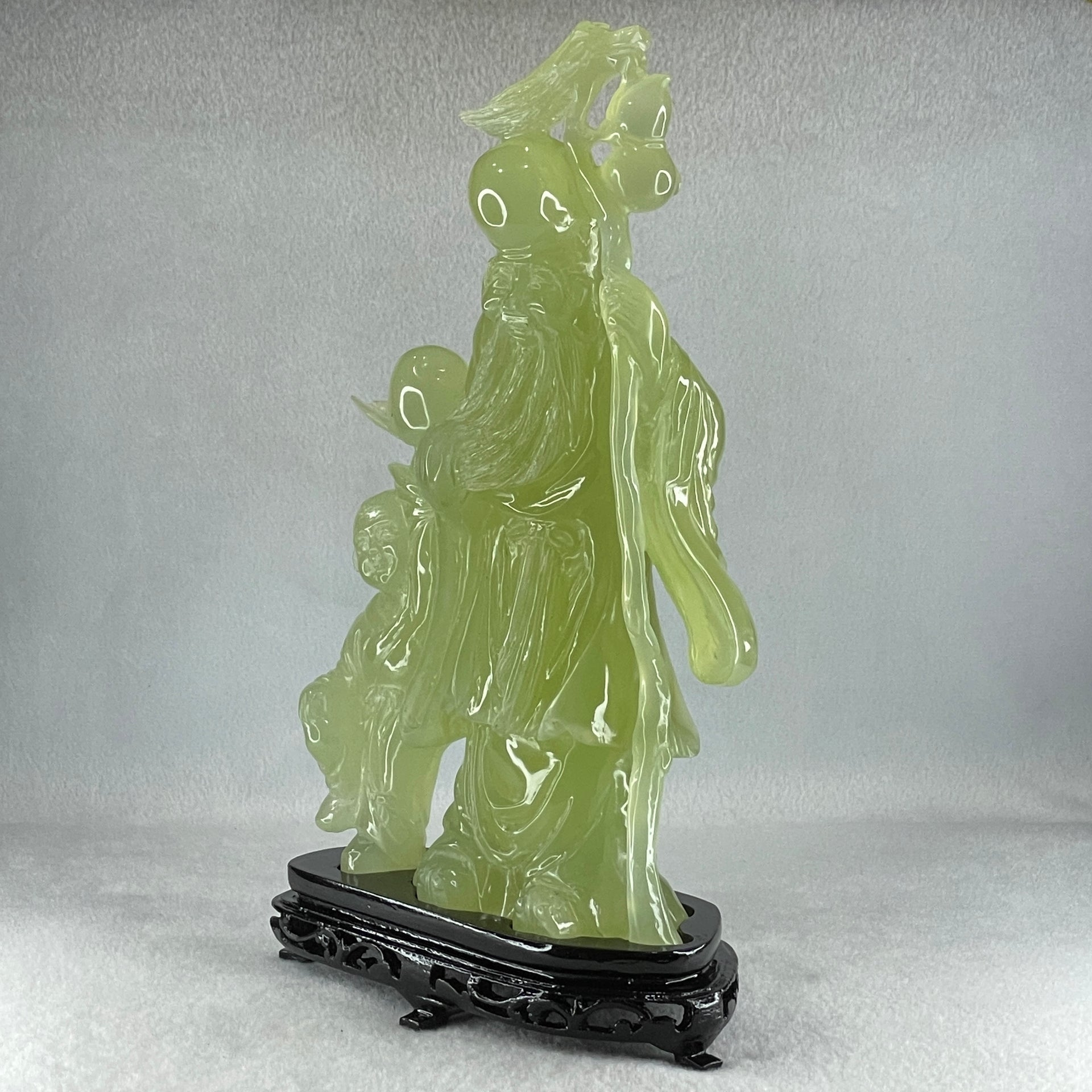 Natural Green Serpentine Shou Xing Gong and Tong Zi with Wooden Stand Display 1,535.1g 160.0 by 276.0 by 68.0mm - Huangs Jadeite and Jewelry Pte Ltd
