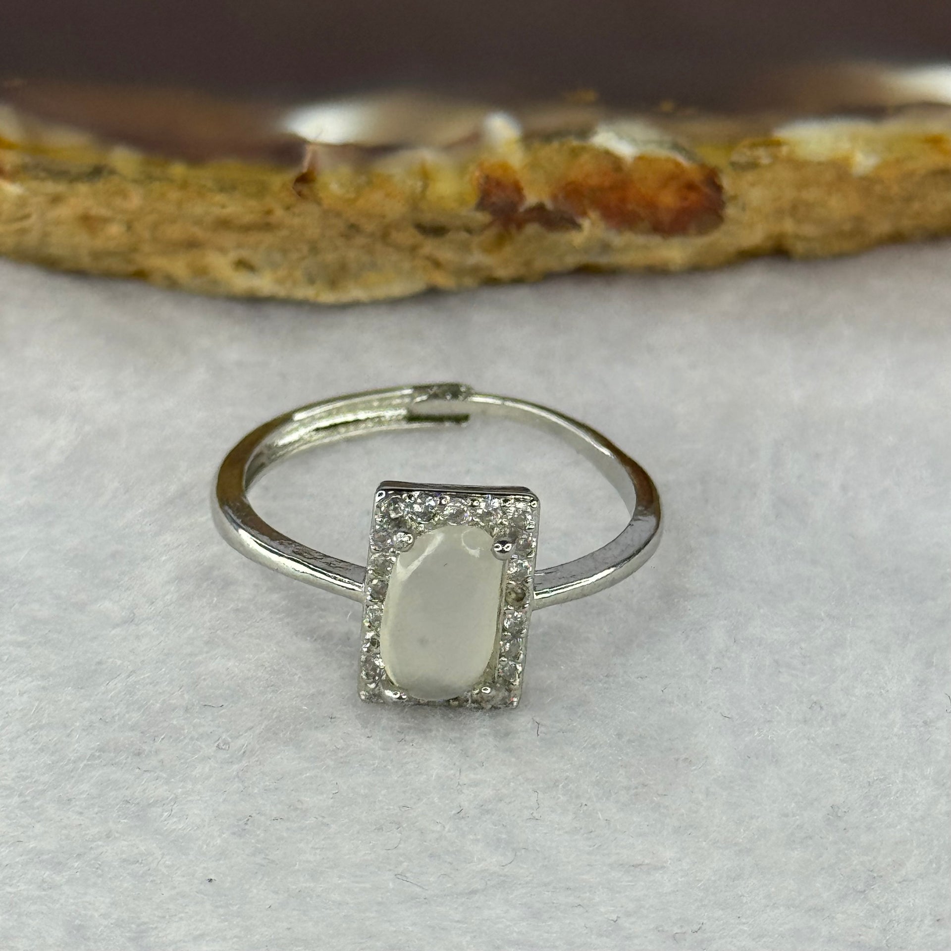 Type A High ICY White Jadeite with Crystals in S925 Sliver Ring (Adjustable Size) 2.01g 8.9 by 5.5 by 3.1mm - Huangs Jadeite and Jewelry Pte Ltd