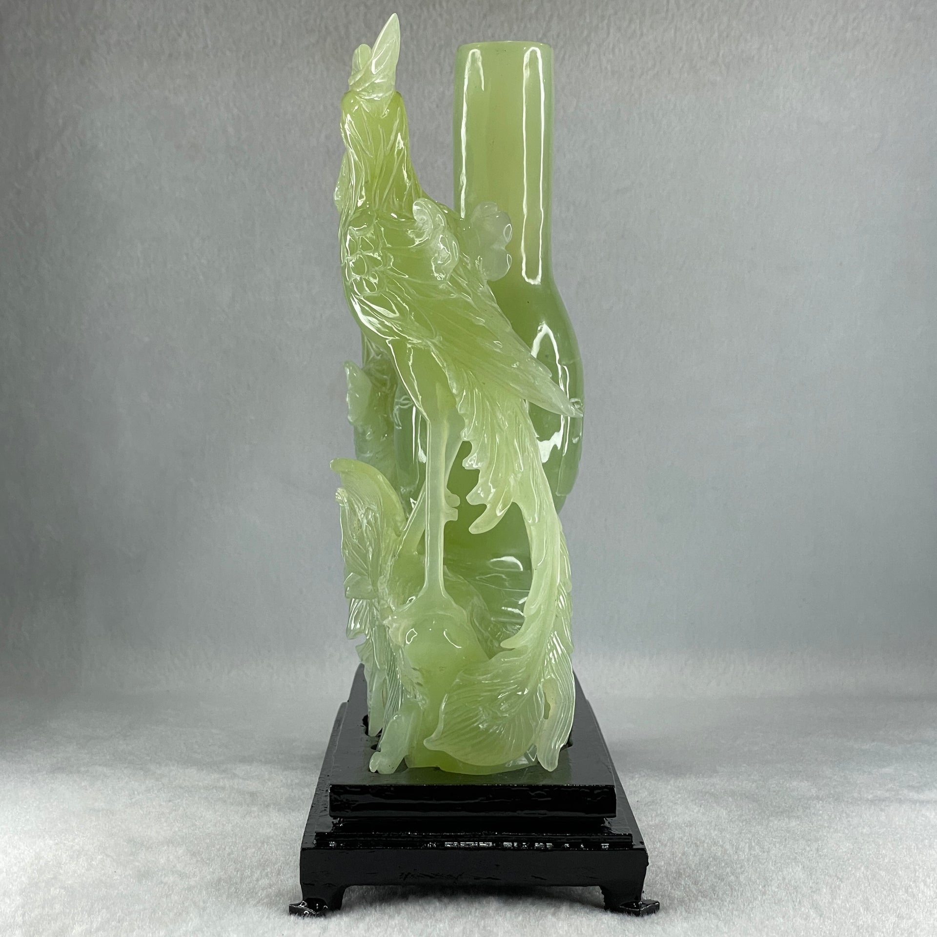 Natural Green Serpentine Double Phoenix on Tree and Vase with Wooden Stand Display 1,377.4g 180.0 by 210.0 by 86.0mm - Huangs Jadeite and Jewelry Pte Ltd