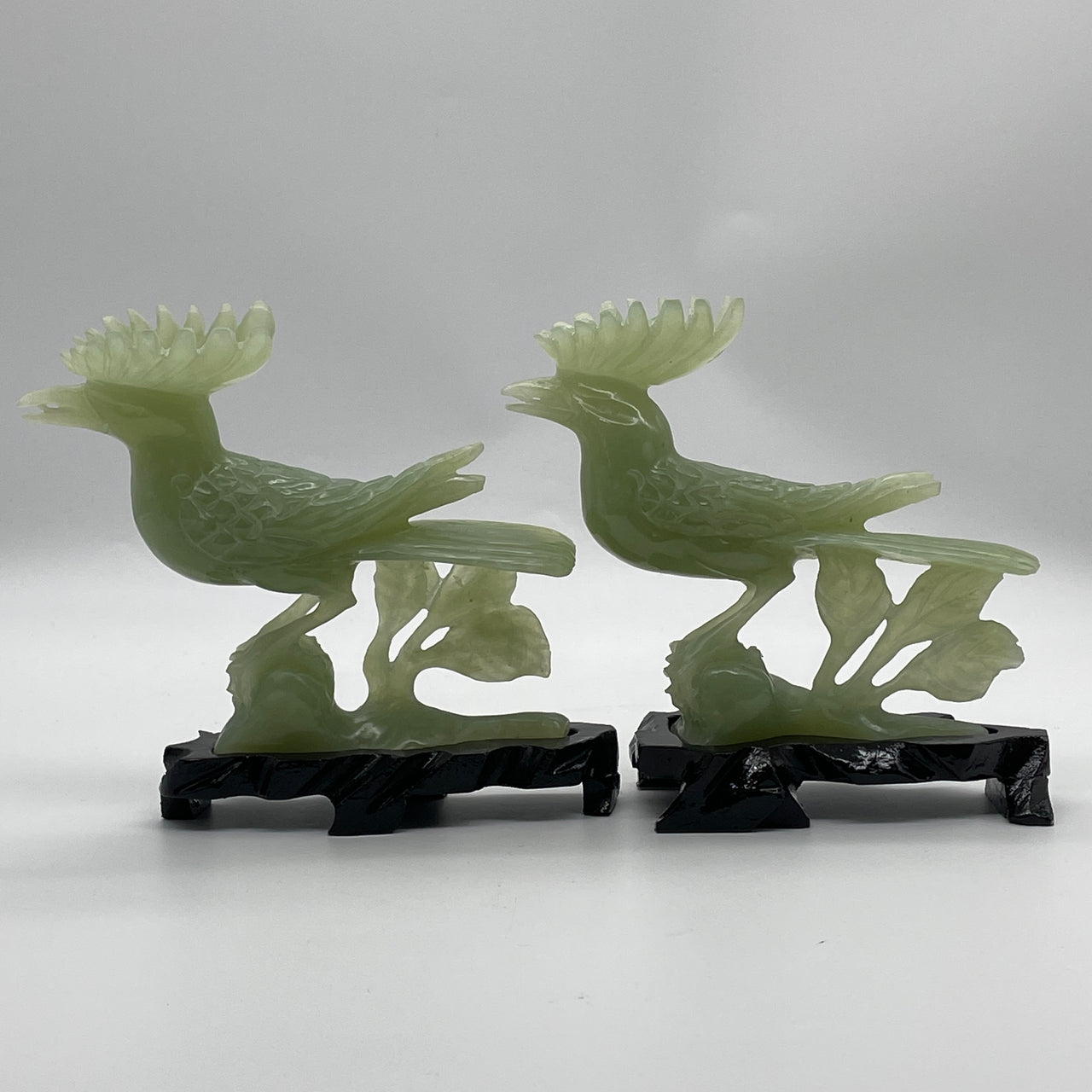 Natural Green Serpentine Pai of Bird with Wooden Stand Display 627.8g Each About 155.0 by 60.0 by 145.0mm