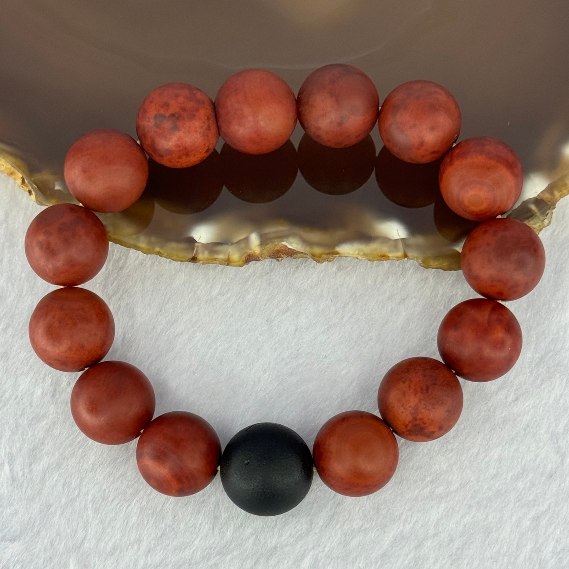 Natural Red Agate with Black Amber Beads Bracelet 54.86g 18.5cm 14.2mm 14 + 1  Black Amber Bead - Huangs Jadeite and Jewelry Pte Ltd