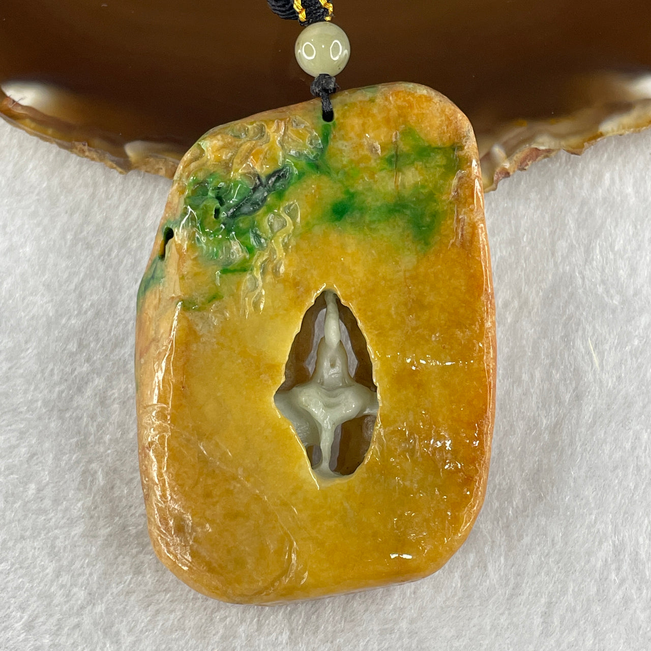 Natural Type A Yellow with Bright Green Jadeite Shan Shui Scenic with Gui Ren Benefactor Pendant 91.51g 68.0 by 48.2 by 15.6mm