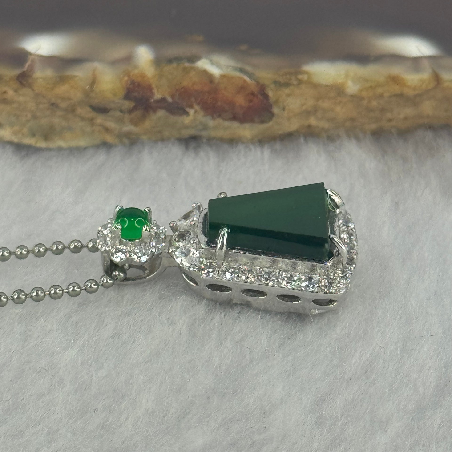 Type A Icy Green Omphasite Jadeite 9.9 by 8.5 by 2.5mm Wu Shi Pai Pendant in S925 Sliver Necklace 4.56g - Huangs Jadeite and Jewelry Pte Ltd