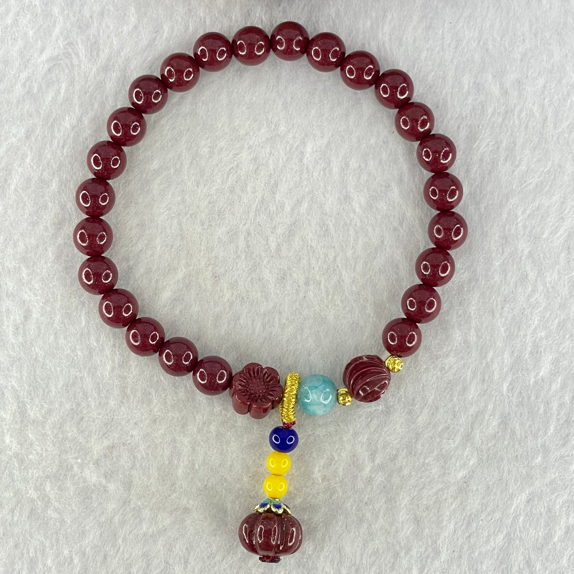 Natural Blood Red Cinnabar and Crystal Beads Bracelet with Flower and Pumpkin Charm 14.73g  15cm 6.4mm 24 Beads - Huangs Jadeite and Jewelry Pte Ltd