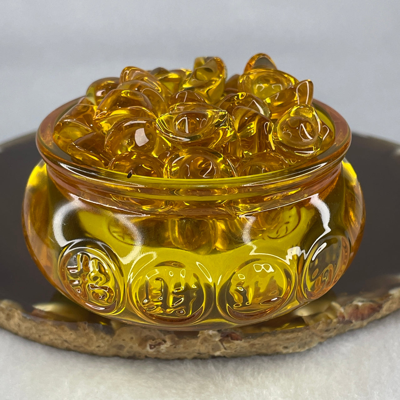 Yellow Liuli Wealth Pot with Ingot Yuan Bao Display Total Weight 330.00g 80.4 by 51.5mm - Huangs Jadeite and Jewelry Pte Ltd