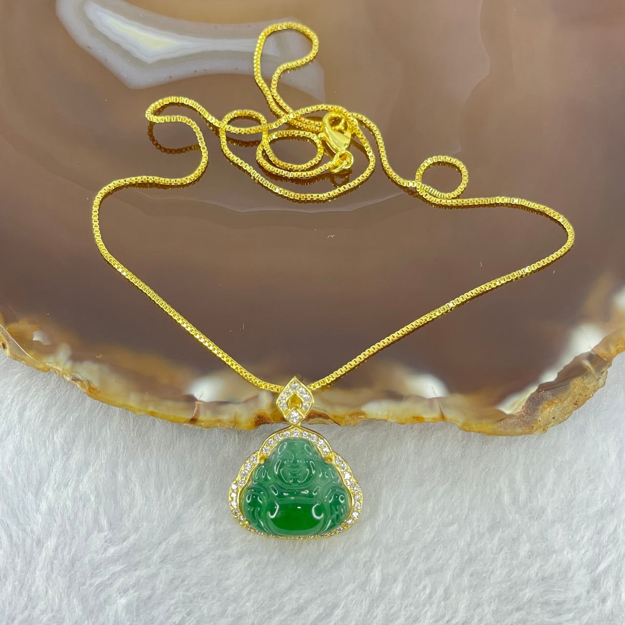 Type A Icy Green Omphasite Jadeite Milo Buddha Pendent in Silver Gold Color Necklace 3.02g 14.6 by 15.5 by 3.0mm - Huangs Jadeite and Jewelry Pte Ltd