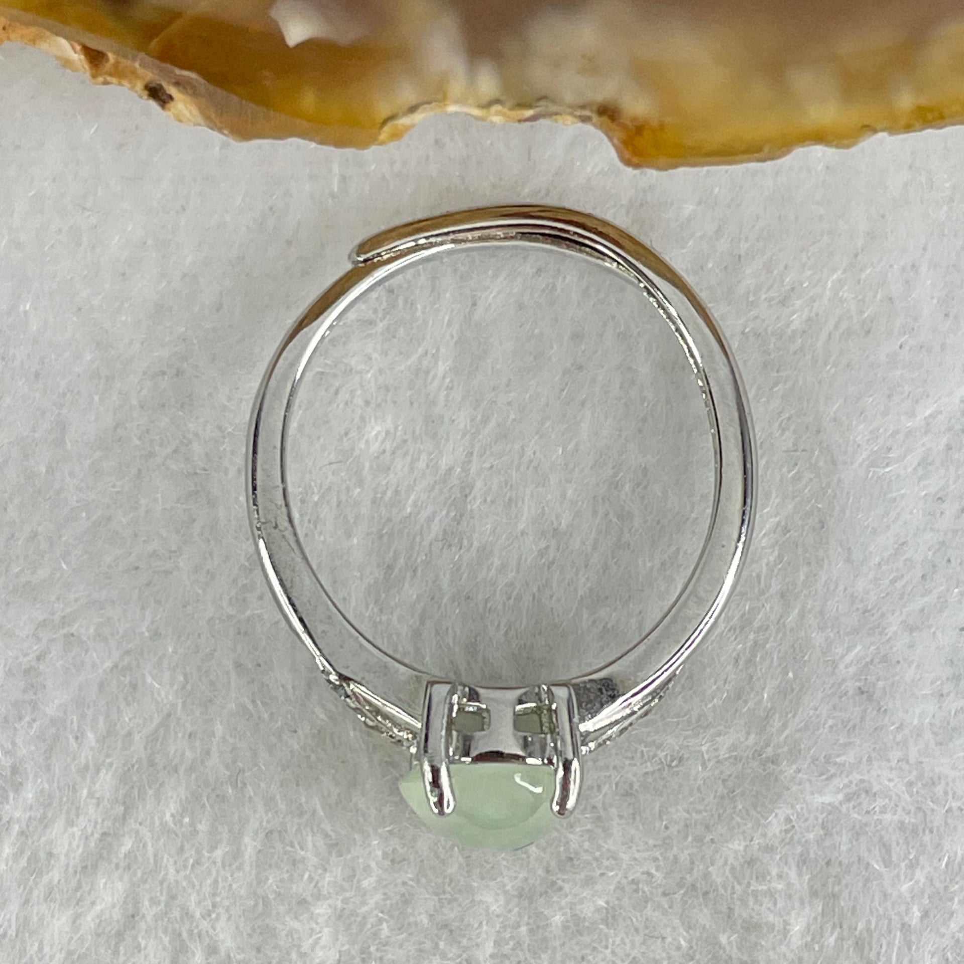 Type A Semi Icy Light Green Jadeite Cabochon in S925 Sliver Ring  (Adjustable Size) 1.70g 7.1 by 6.6 by 3.5mm - Huangs Jadeite and Jewelry Pte Ltd