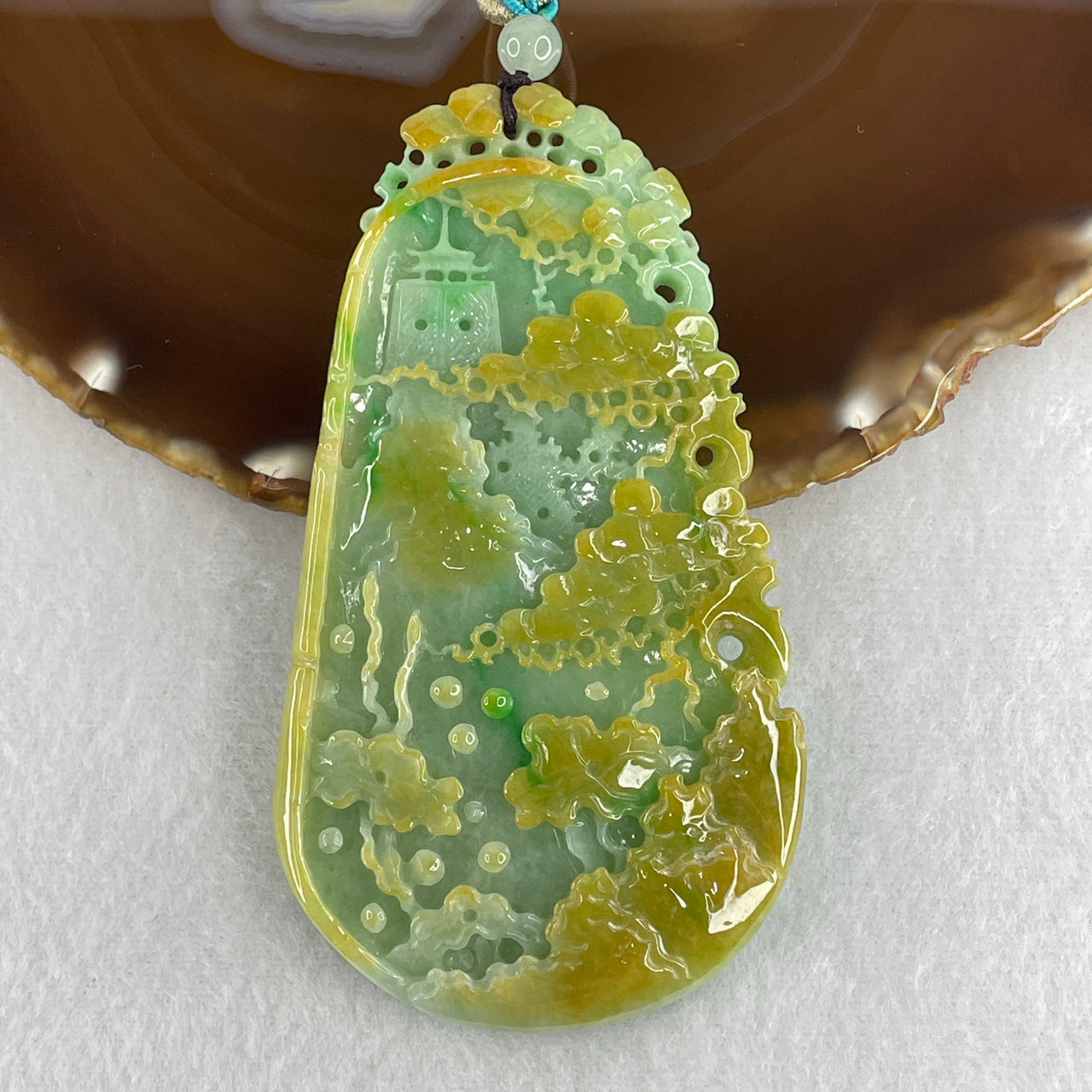Certified Natural Type A Green & Yellowish Jadeite Shan Shui Pendant | Certified Untreated Fei Cui Landscape Plaque (75.84g | 92.5mm x 51.2mm x 8.9mm)