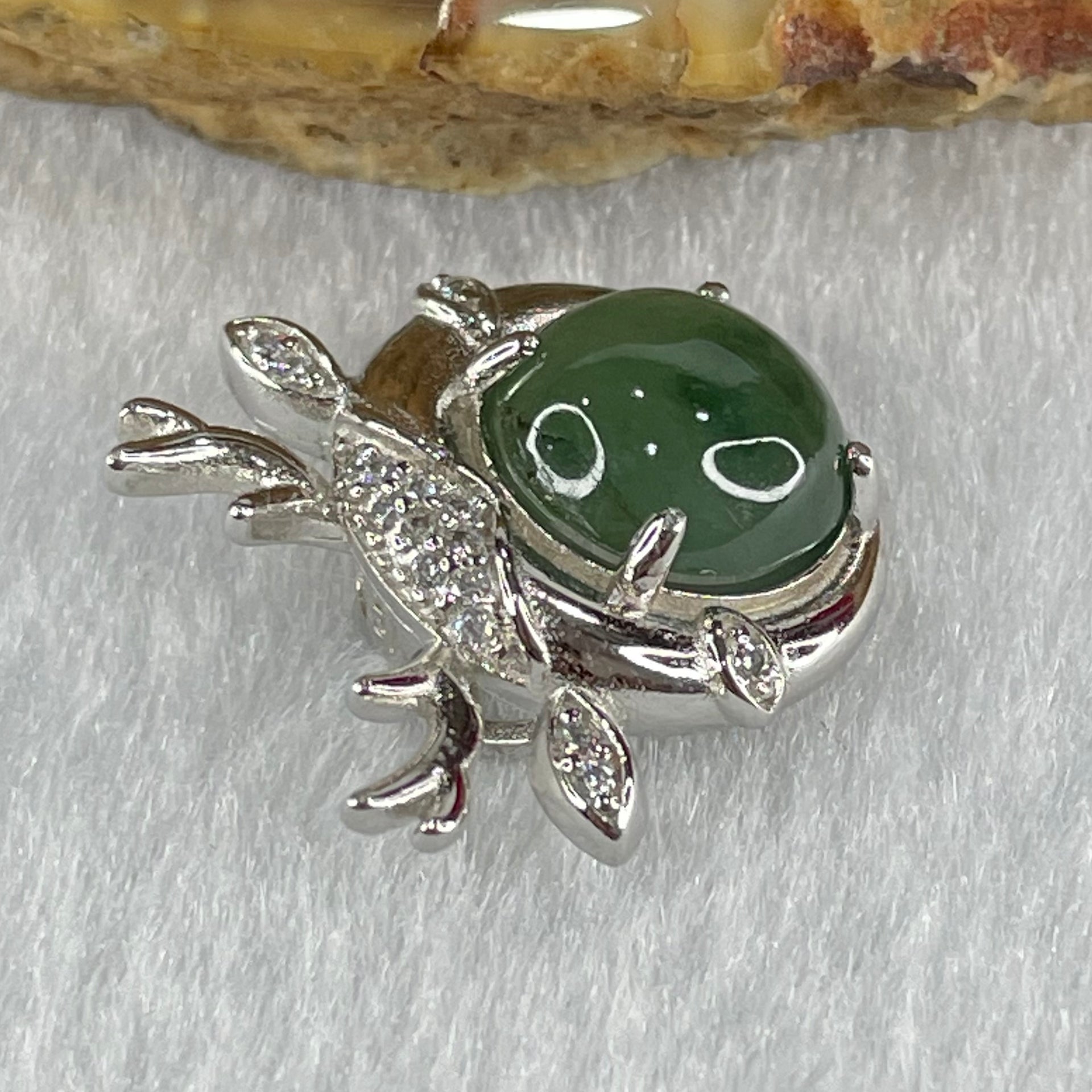 Type A Semi Icy Blueish Green Jadeite in S925 Sliver Reindeer with Crystal Charm 2.73g 9.5 by 4.5mm - Huangs Jadeite and Jewelry Pte Ltd