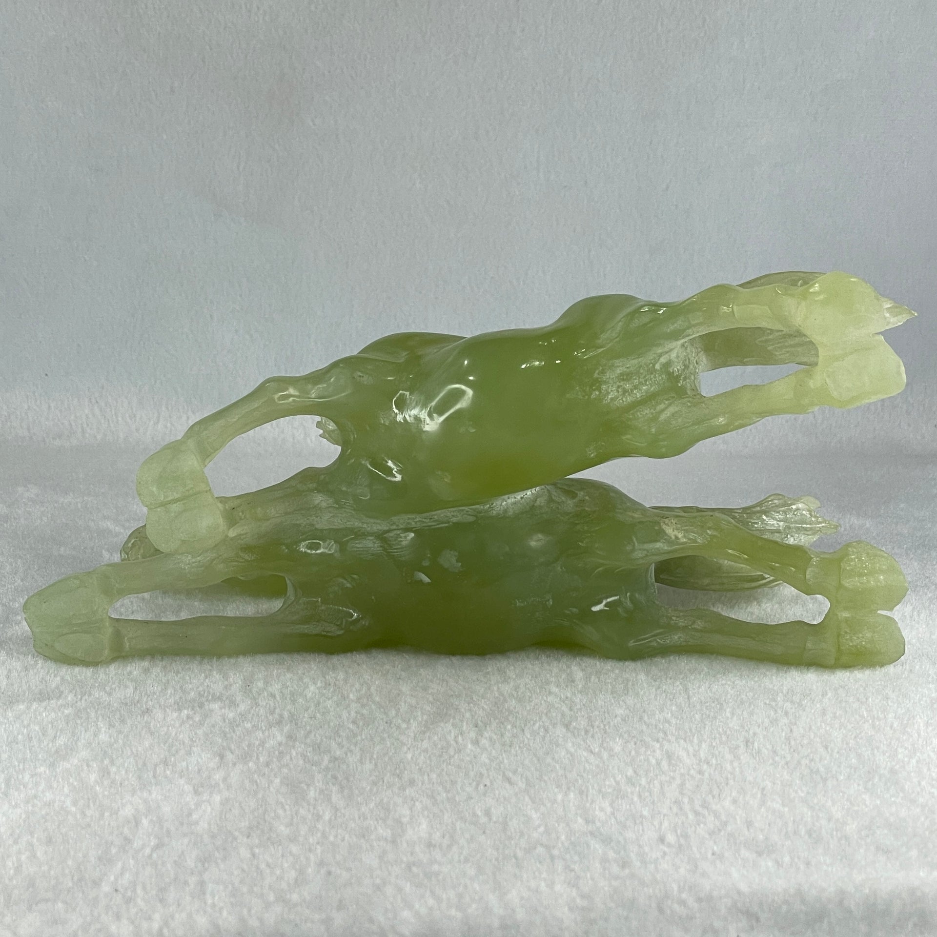 Natural Green Serpentine Double Horse with Wooden Stand Display 971.8g 220.0 by 104.5 by 115.0mm - Huangs Jadeite and Jewelry Pte Ltd
