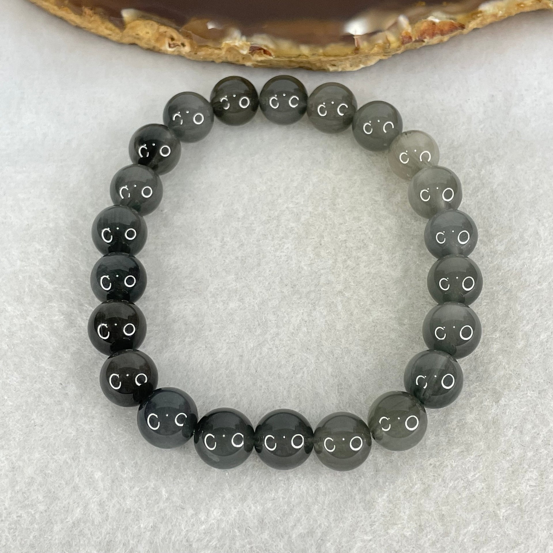 Good Grade Natural  Grey Rabbit Hair Rutilated Quartz Beads Bracelet 23.51g 16.5cm 9.4mm 22 Beads - Huangs Jadeite and Jewelry Pte Ltd