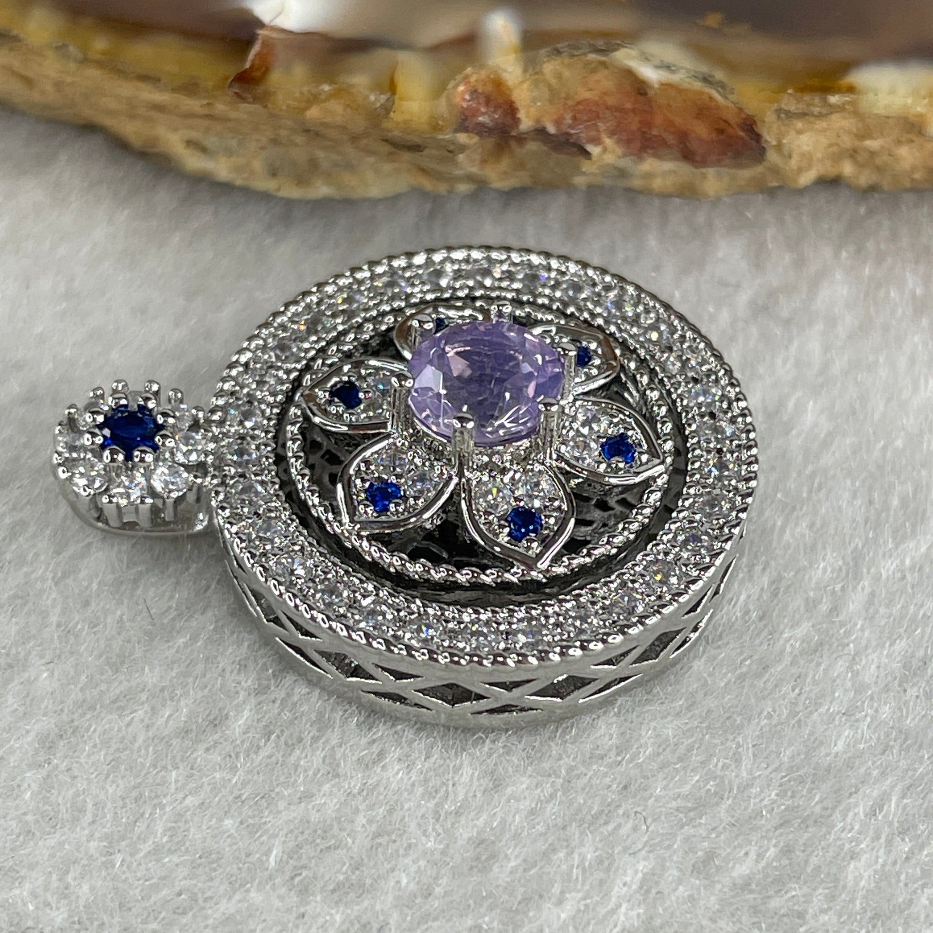 Natural Purple with Colorless and Blue Cubic Zirconia Beads Pendant in S925 Sliver 6.99g 6.0 by 2.0mm - Huangs Jadeite and Jewelry Pte Ltd