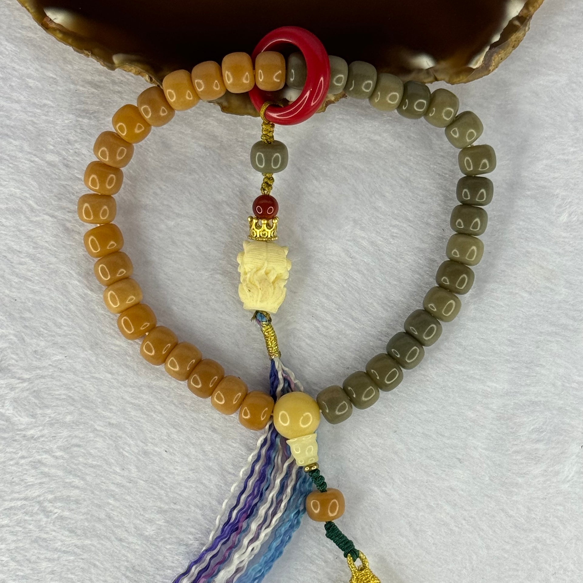 Type A Mixed Colour Bodhi Beads with Ivory Fruit 9 Tail Fox and Hong Zhu Sha Handplay 29.83g 9.4mm 36+2 Beads - Huangs Jadeite and Jewelry Pte Ltd