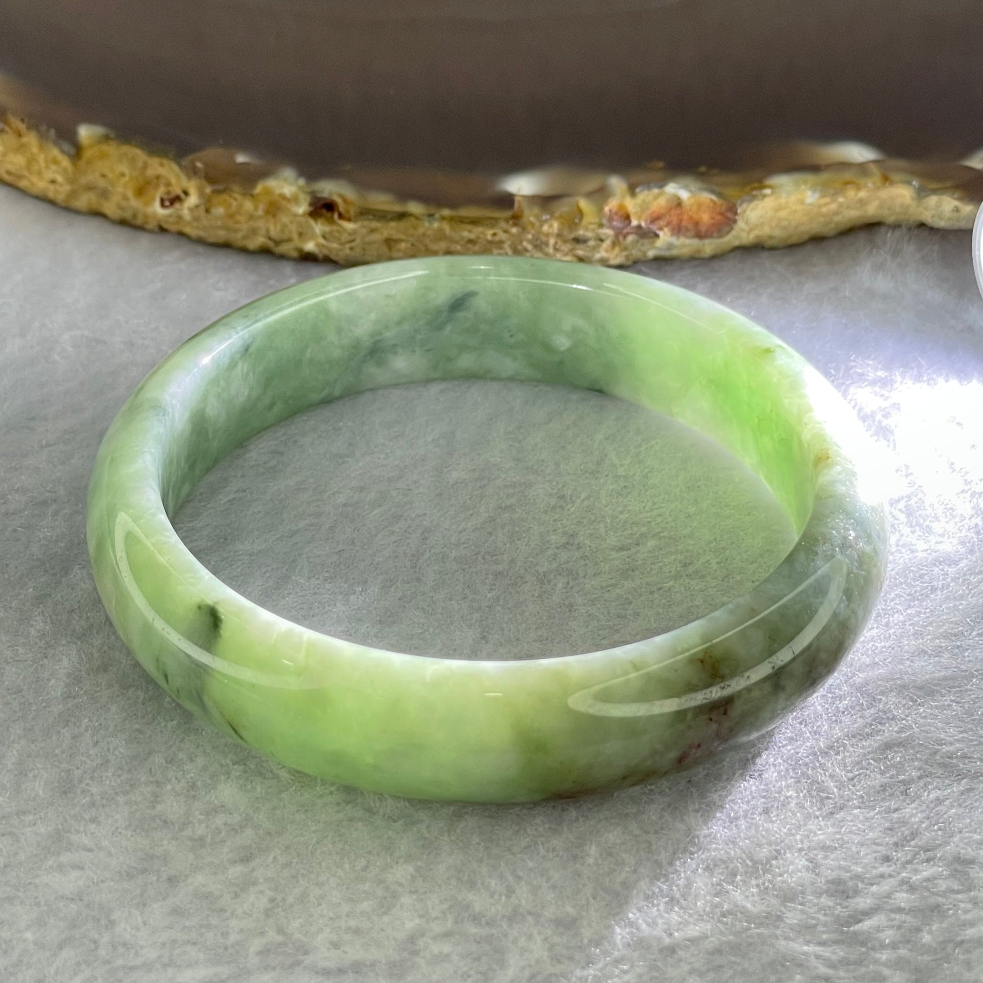 Type A Green and Dark Green Brown Piao Hua Jadeite Bangle Internal Diameter 53.7mm 39.34g 12.5 by 6.4mm (Slight External Rough + Slight Internal Lines) - Huangs Jadeite and Jewelry Pte Ltd