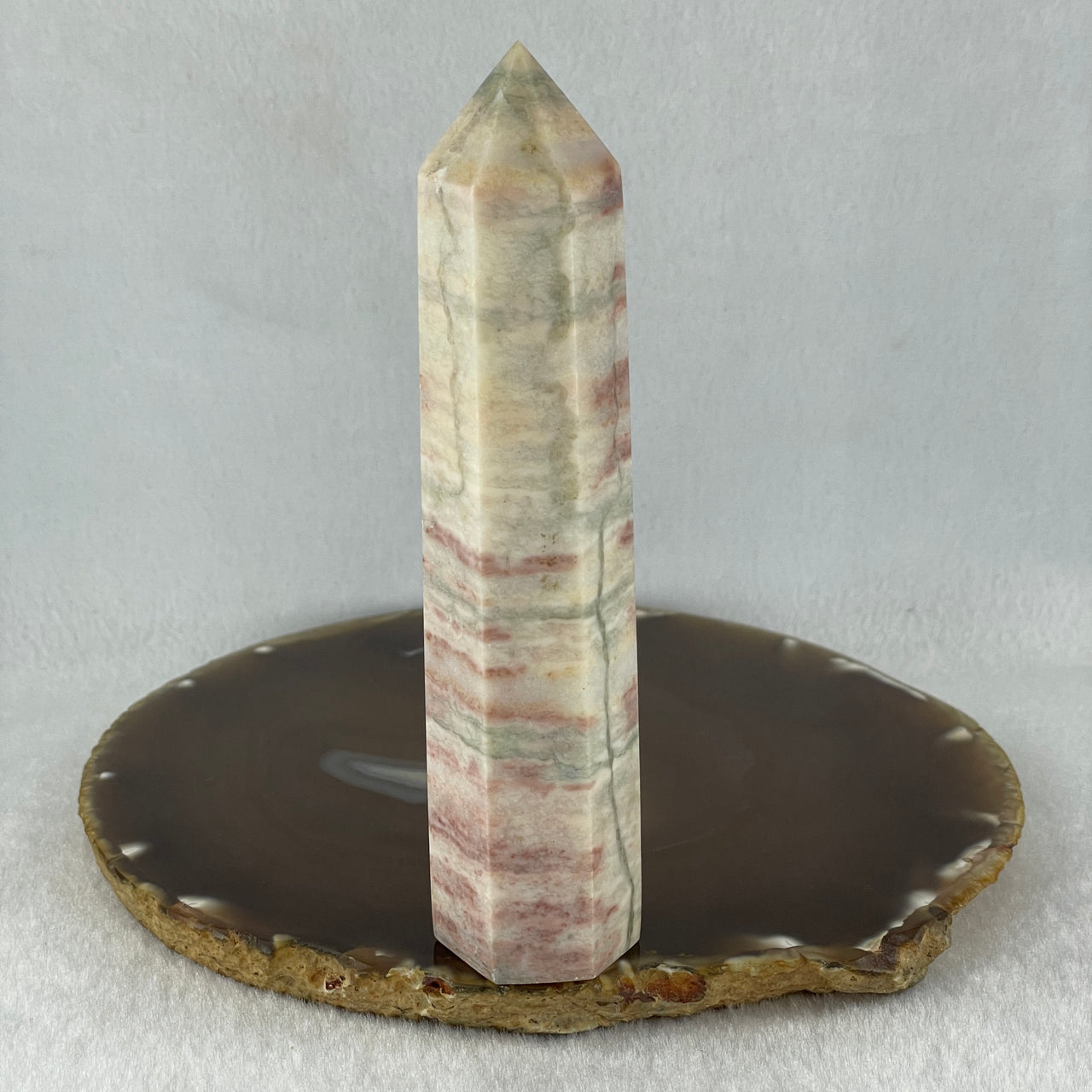 Natural Red White Calcite Tower Display 166.18g 30.4 by 25.7 by 128.2mm - Huangs Jadeite and Jewelry Pte Ltd