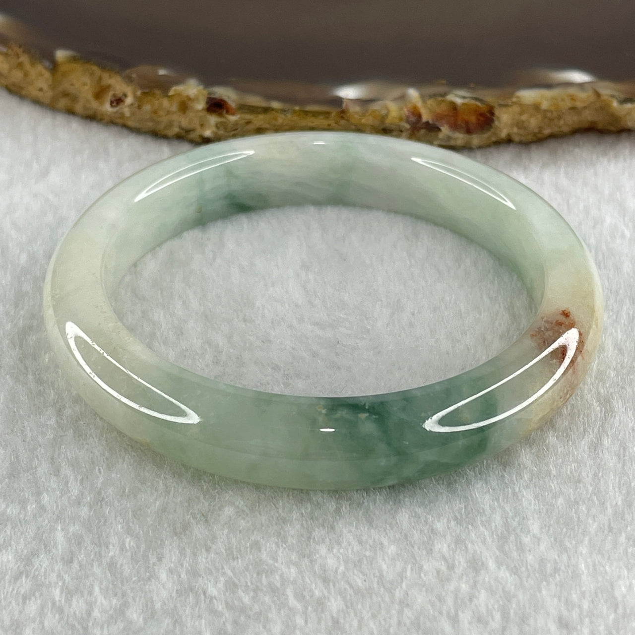 Type A Natural Jelly Light Green with Blueish Green, Red and Yellow Patches Jadeite Bangle 38.29g Inner Diameter 52.4mm 10.0 by 7.6mm (External and Internal Lines) - Huangs Jadeite and Jewelry Pte Ltd