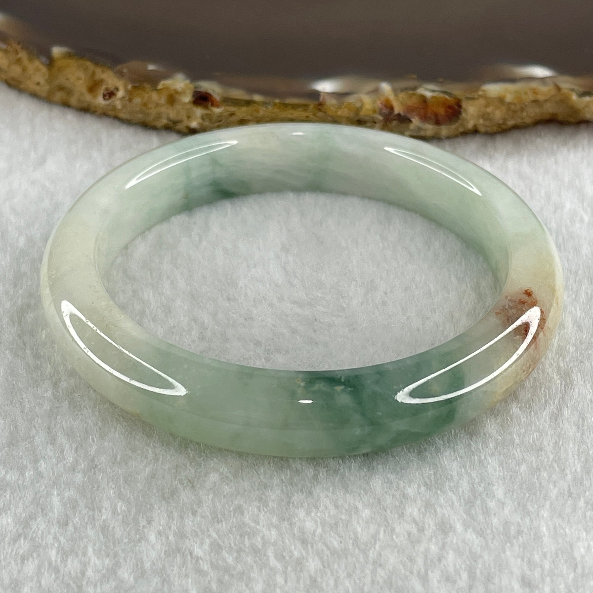 Type A Natural Jelly Light Green with Blueish Green, Red and Yellow Patches Jadeite Bangle 38.29g Inner Diameter 52.4mm 10.0 by 7.6mm (External and Internal Lines) - Huangs Jadeite and Jewelry Pte Ltd