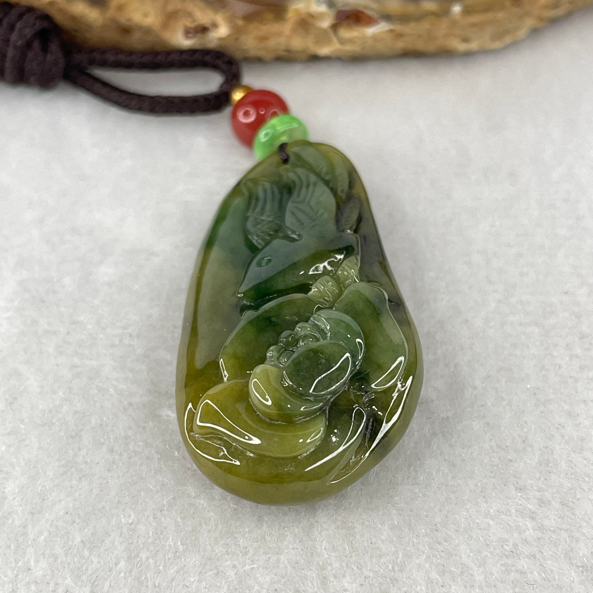 Natural Type A Green with Brownish Jadeite Bird with Lotus Flower Pendant | Spiritual Purity & Earth Grounding (17.16g | 41.5x21.6x12.0mm)