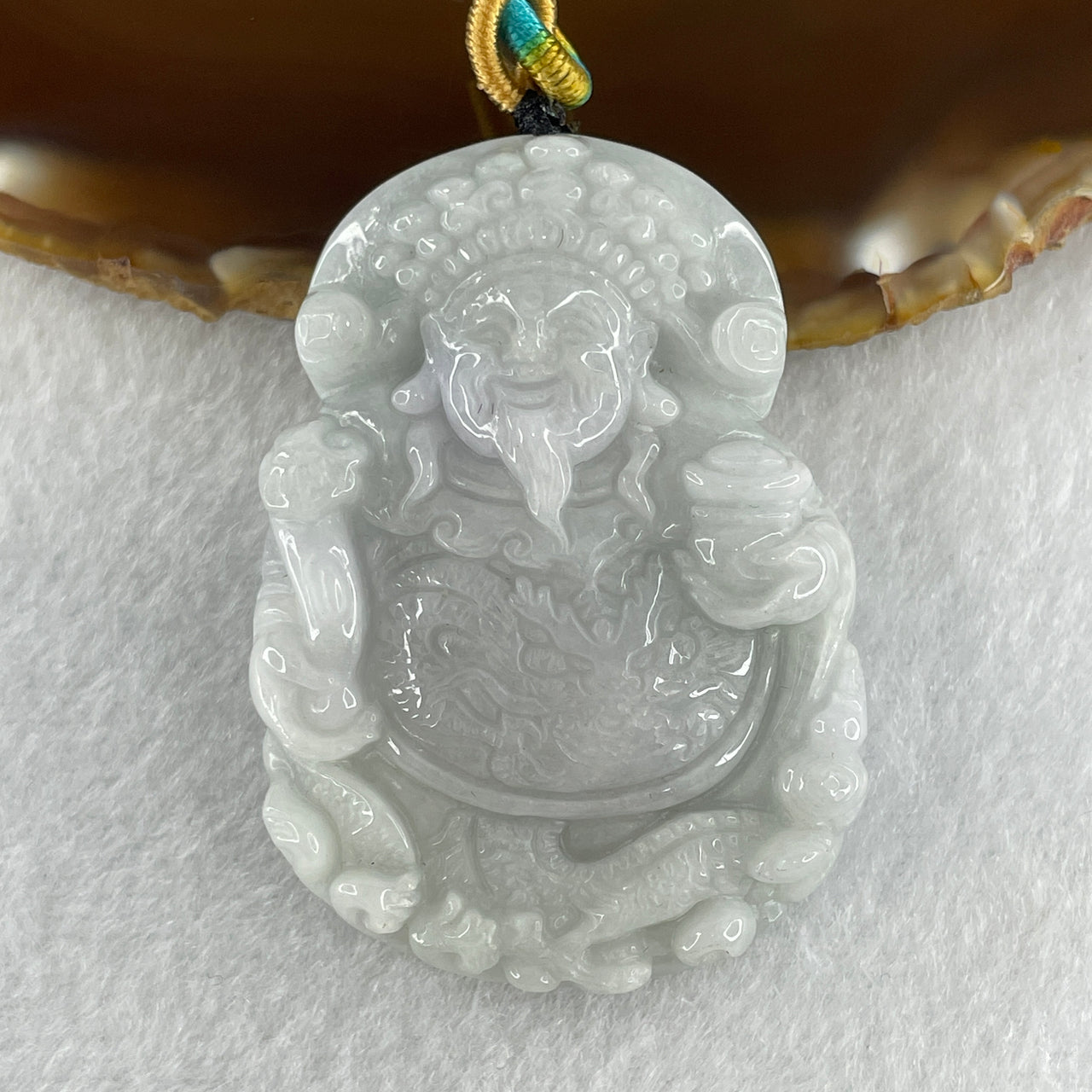 Natural Type A Light Lavender with Light Green Jadeite Cai Shen Ye God of Fortune Pendant 43.34g 52.9 by 37.5 by 11.5mm