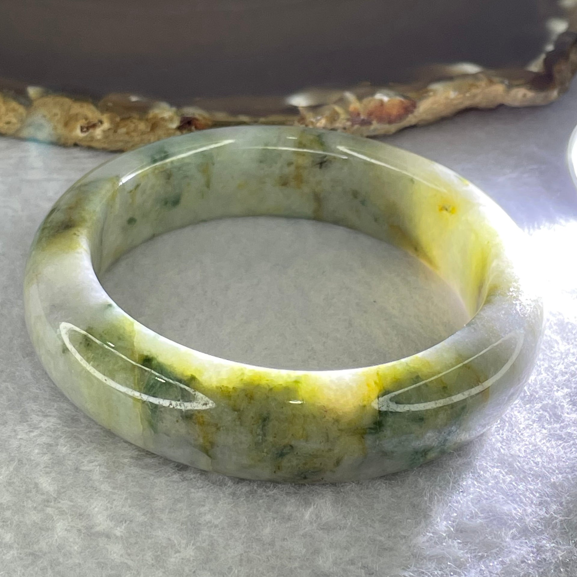 Type A Lavender with Green and Yellow Piao Hua Jadeite Bangle Internal Diameter 54.0mm 74.77g 15.1 by 9.6mm (External Line) - Huangs Jadeite and Jewelry Pte Ltd