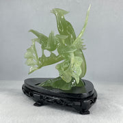 Natural Semi Icy Green Serpentine 3 Phoenix on Tree with Wooden Stand Display 705.1g 242.0 by 140.0 by 195.0mm - Huangs Jadeite and Jewelry Pte Ltd